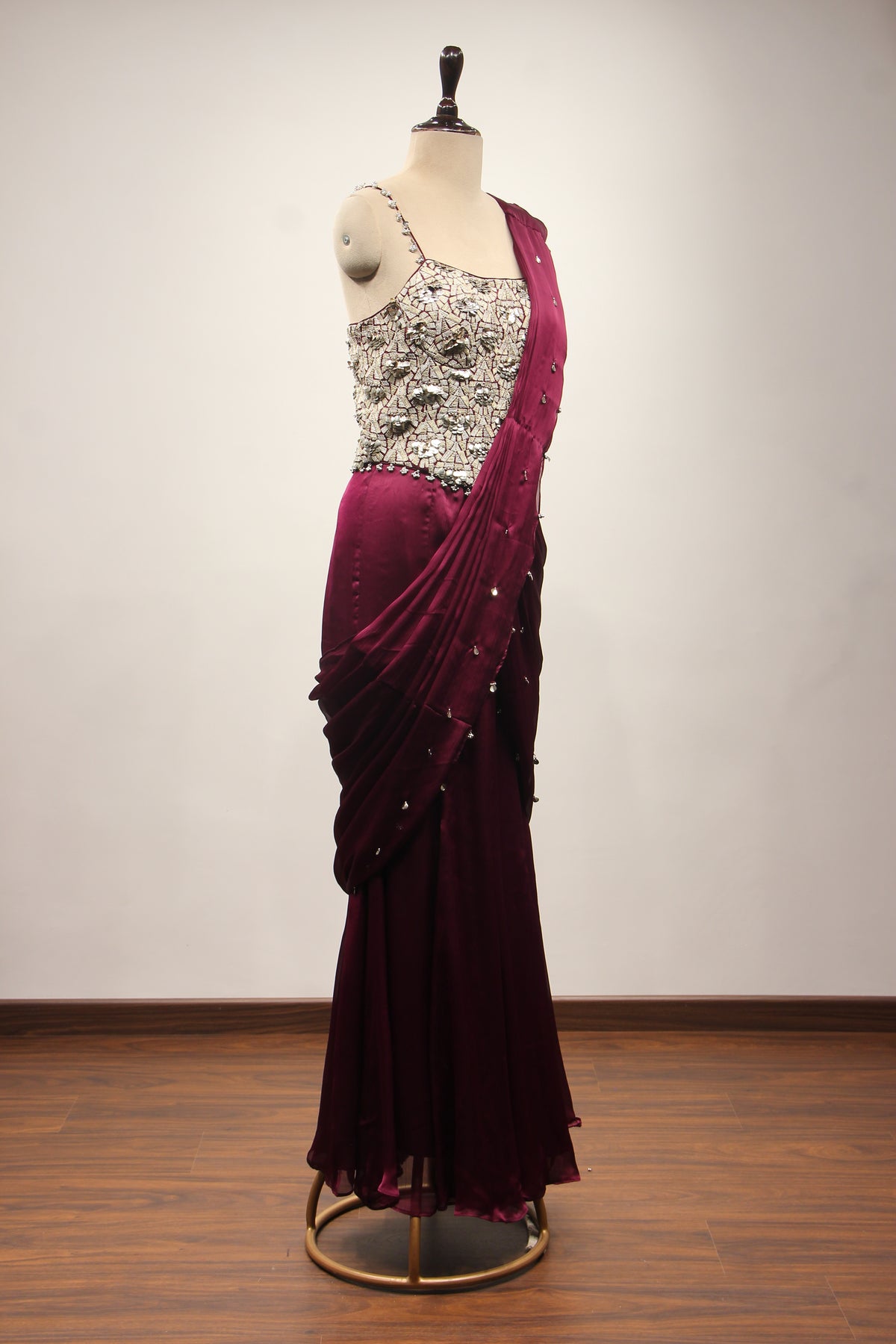 Wine Crepe Drape Saree with Zari & Sequin Handwork Strappy Corset – other side view