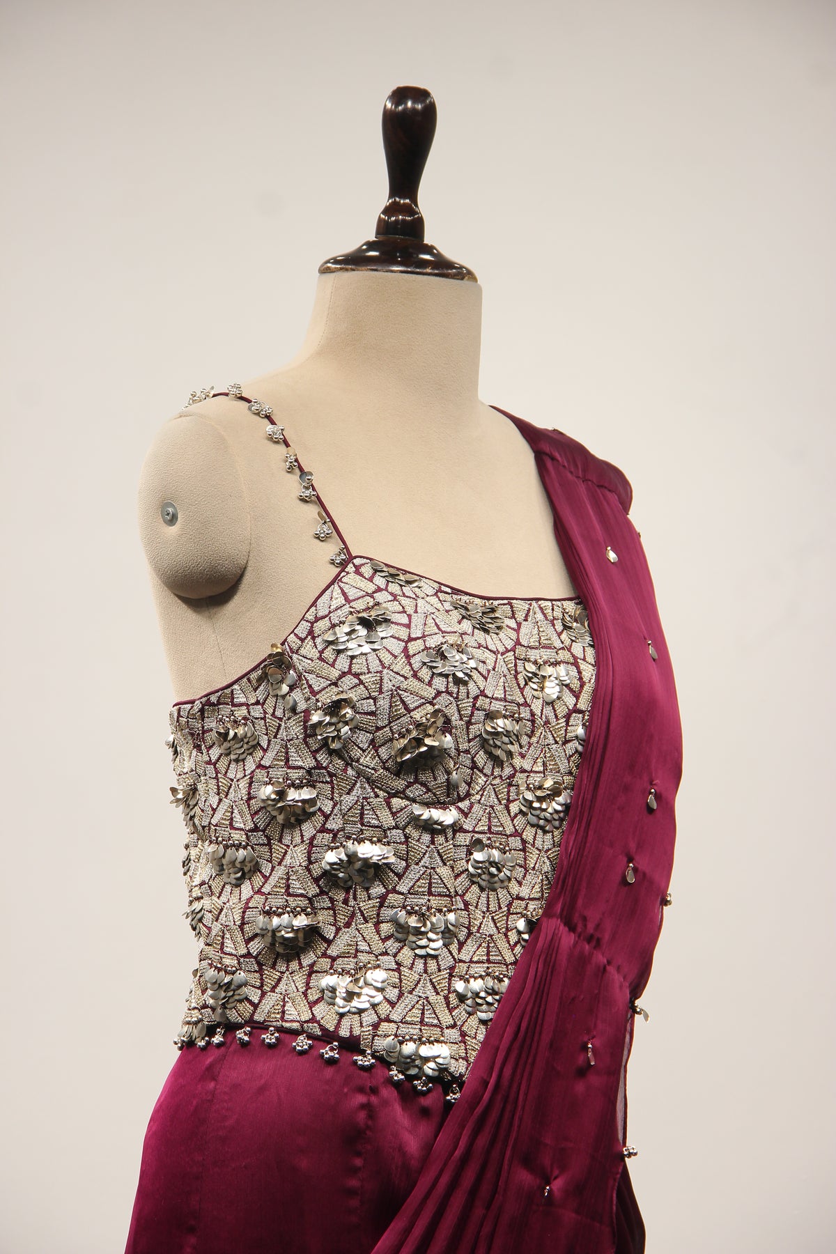 Wine Crepe Drape Saree with Zari & Sequin Handwork Strappy Corset – other side close-up