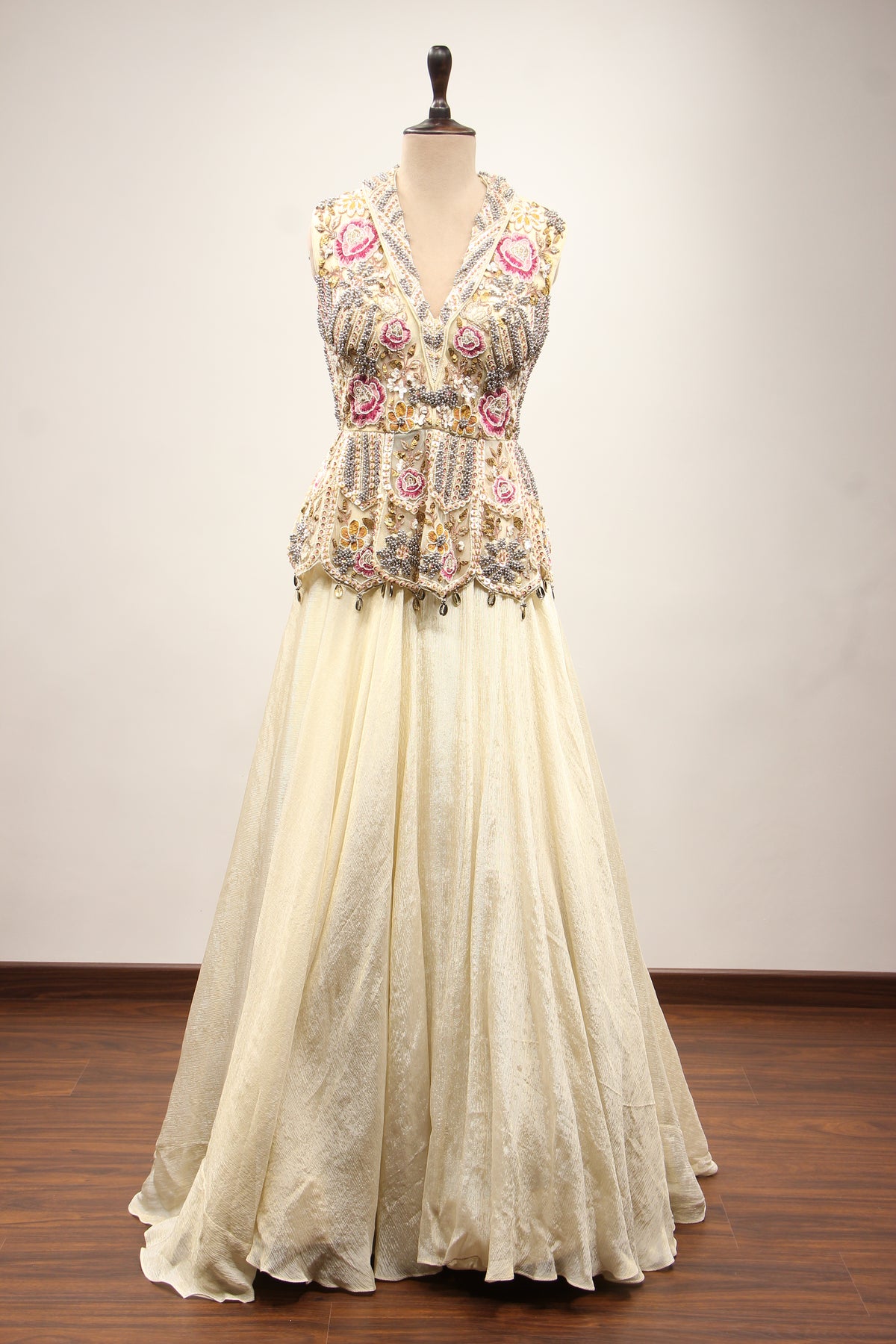 Off White Tissue Lehenga with Resham & Bead Handwork Floral Peplum Top – front view