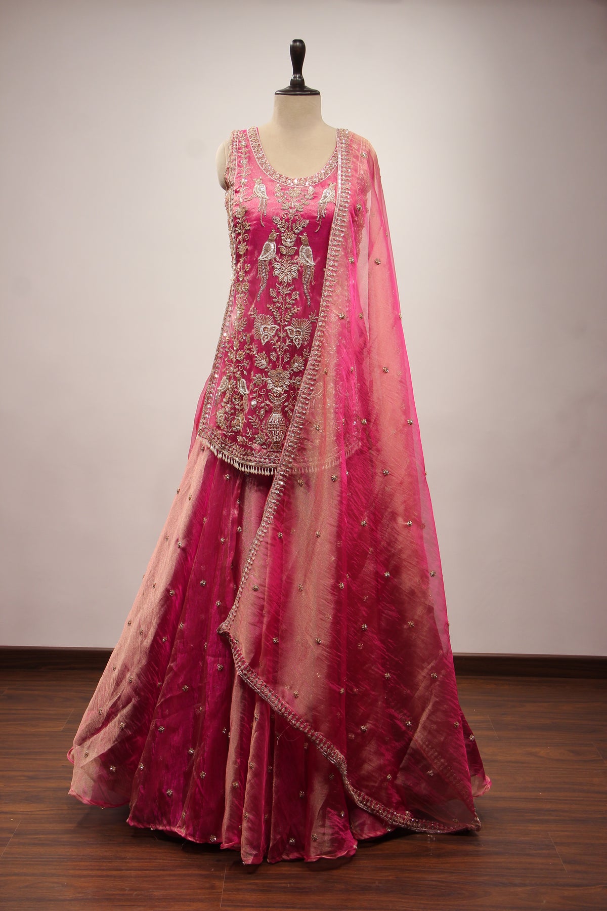 Rani Tissue Lehenga with Bead & Cut Dana Handwork Sleeveless Long Top – front view