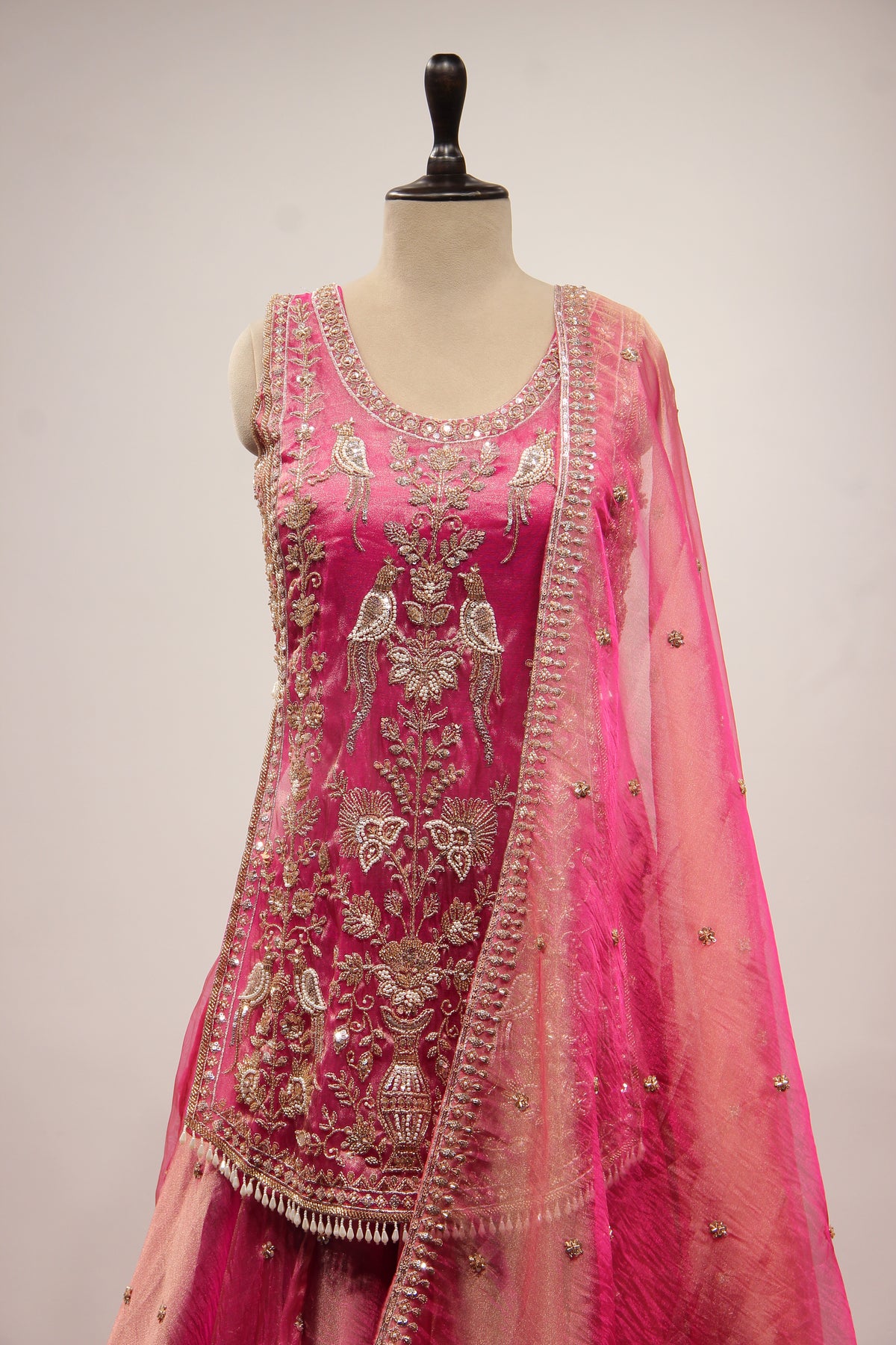 Rani Tissue Lehenga with Bead & Cut Dana Handwork Sleeveless Long Top – front close-up