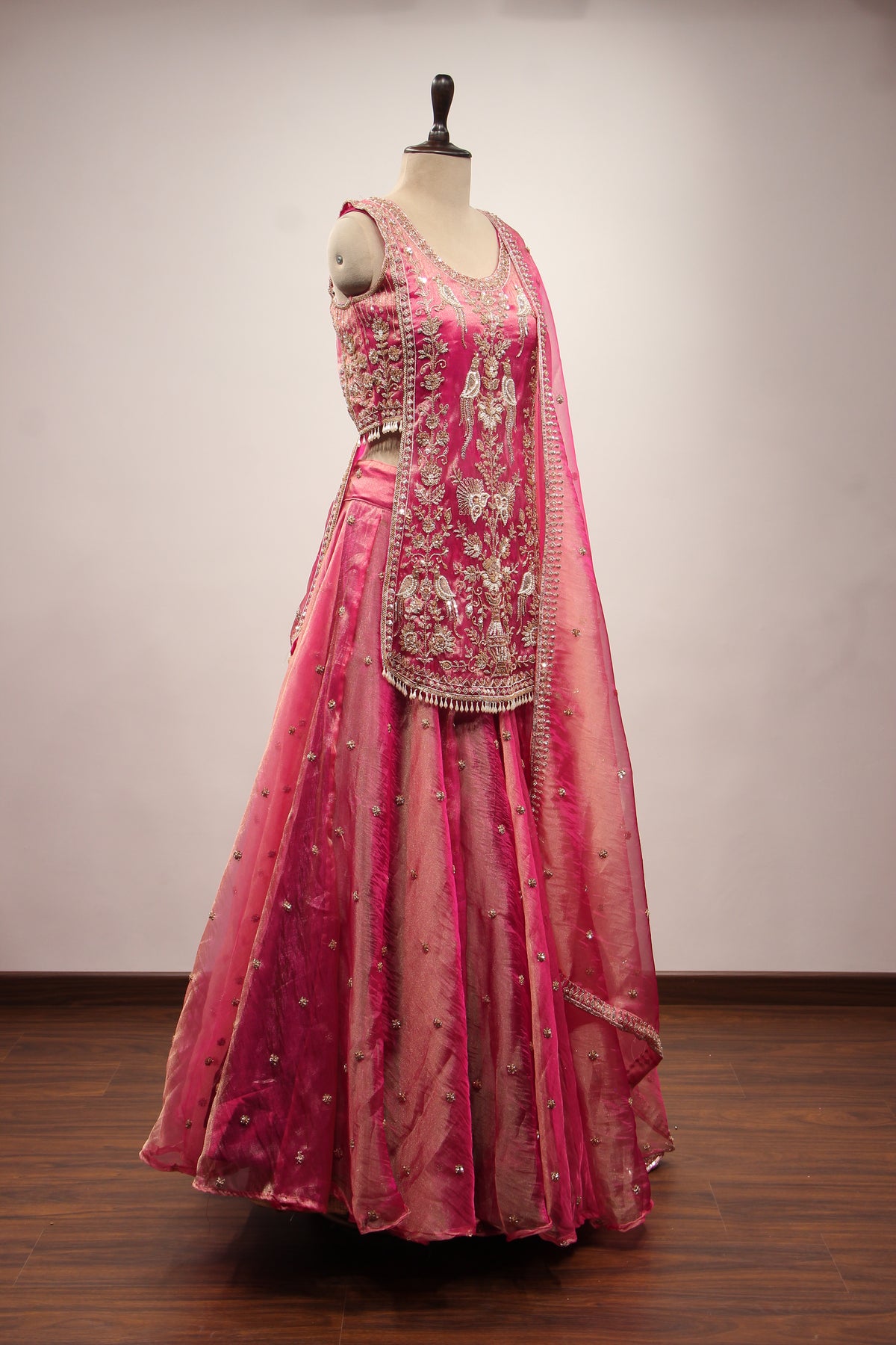 Rani Tissue Lehenga with Bead & Cut Dana Handwork Sleeveless Long Top – other side view