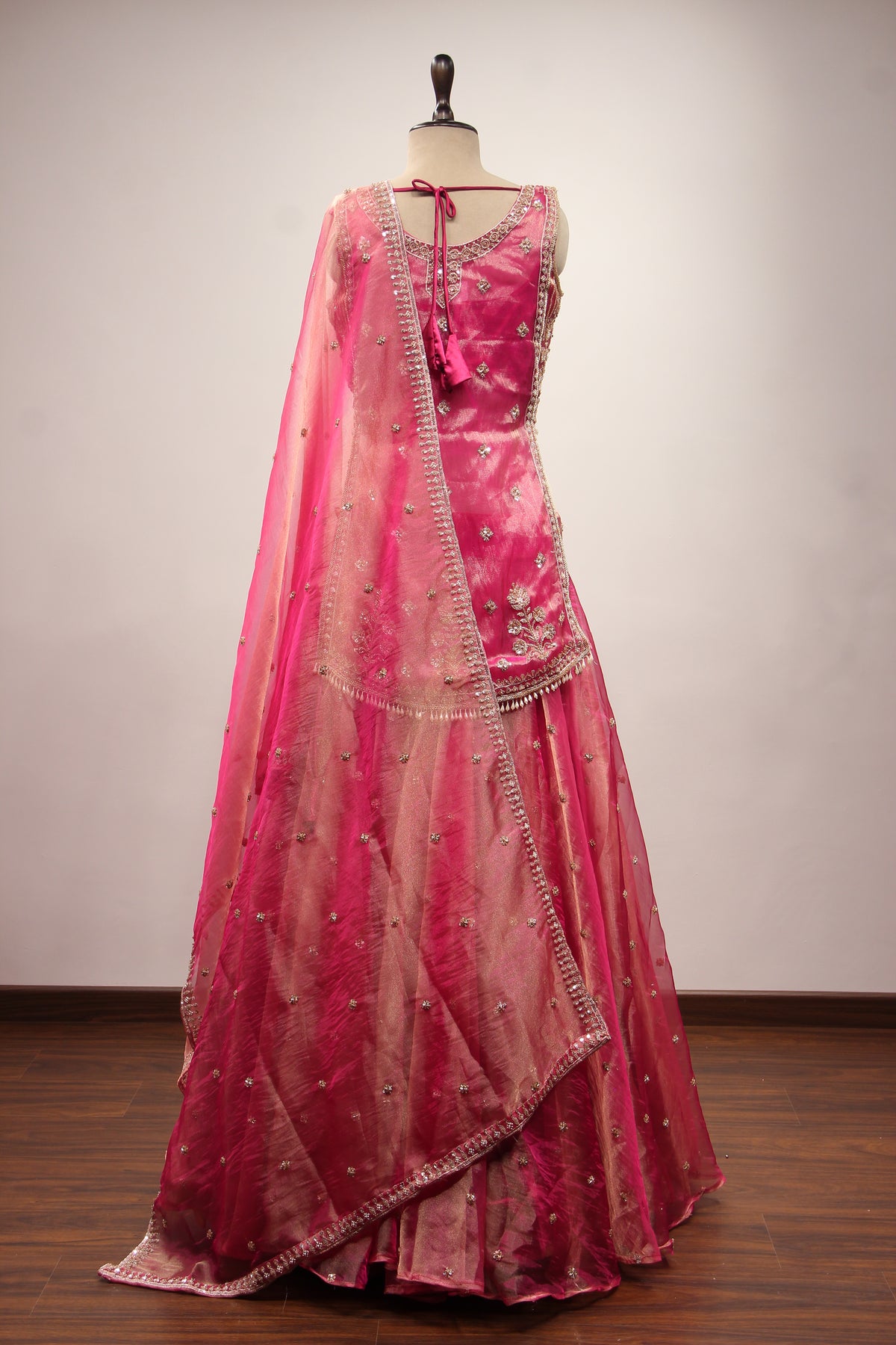 Rani Tissue Lehenga with Bead & Cut Dana Handwork Sleeveless Long Top – back view