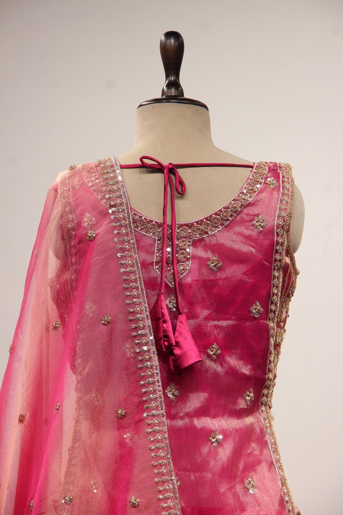 Rani Tissue Lehenga with Bead & Cut Dana Handwork Sleeveless Long Top – back close-up