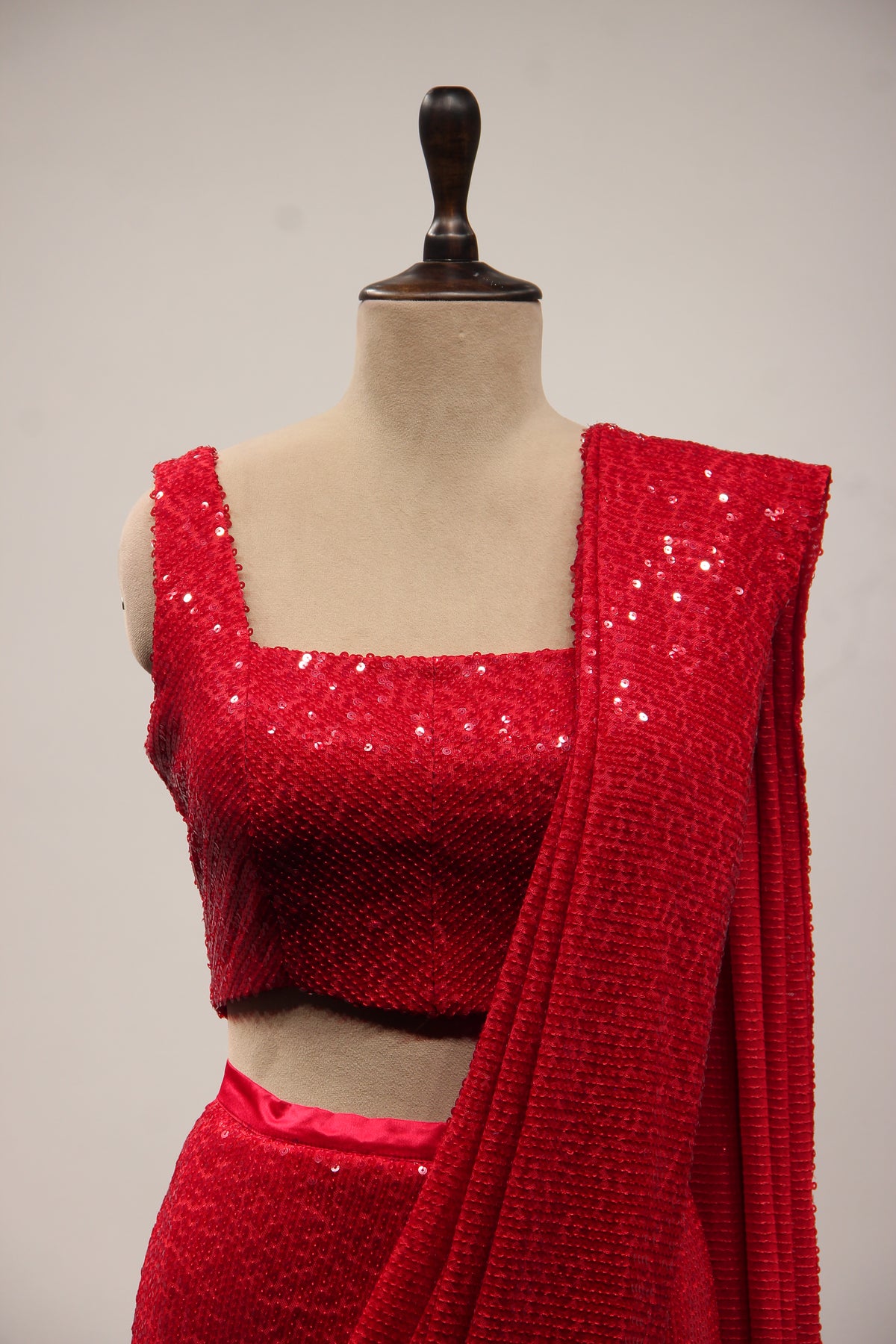 Red Imported Ready-to-Wear Drape Saree with Shimmering Sequin Handwork – front close-up