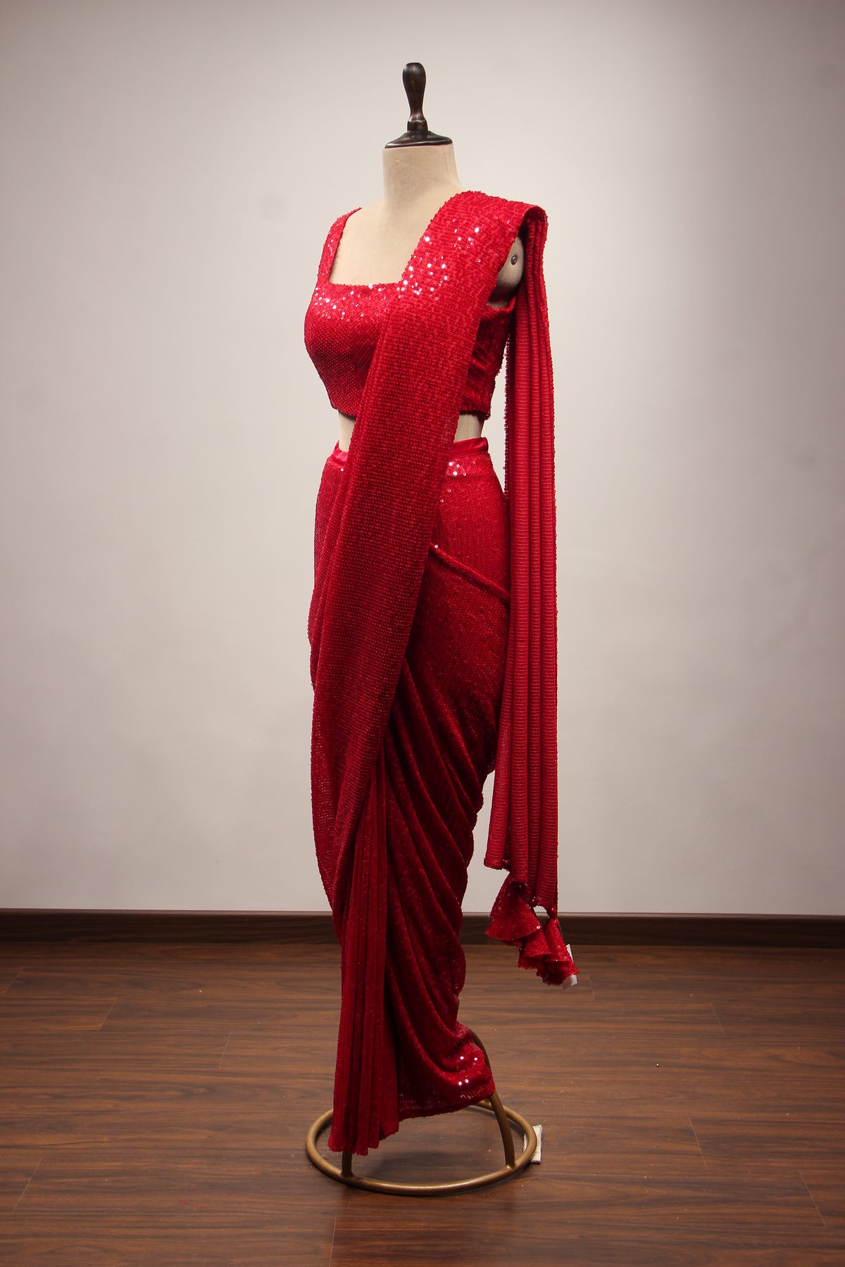 Red Imported Ready-to-Wear Drape Saree with Shimmering Sequin Handwork – side view