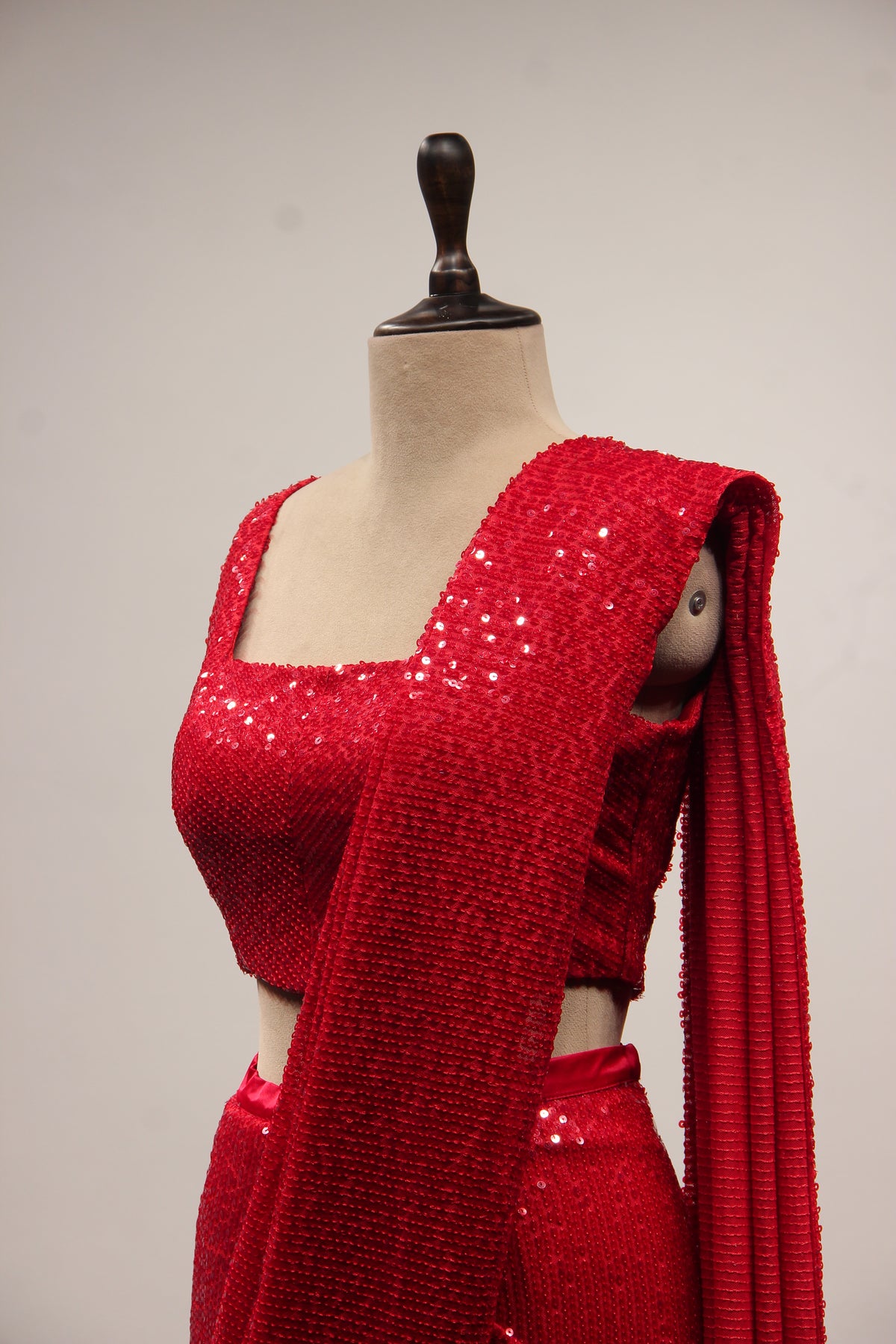 Red Imported Ready-to-Wear Drape Saree with Shimmering Sequin Handwork – side close-up