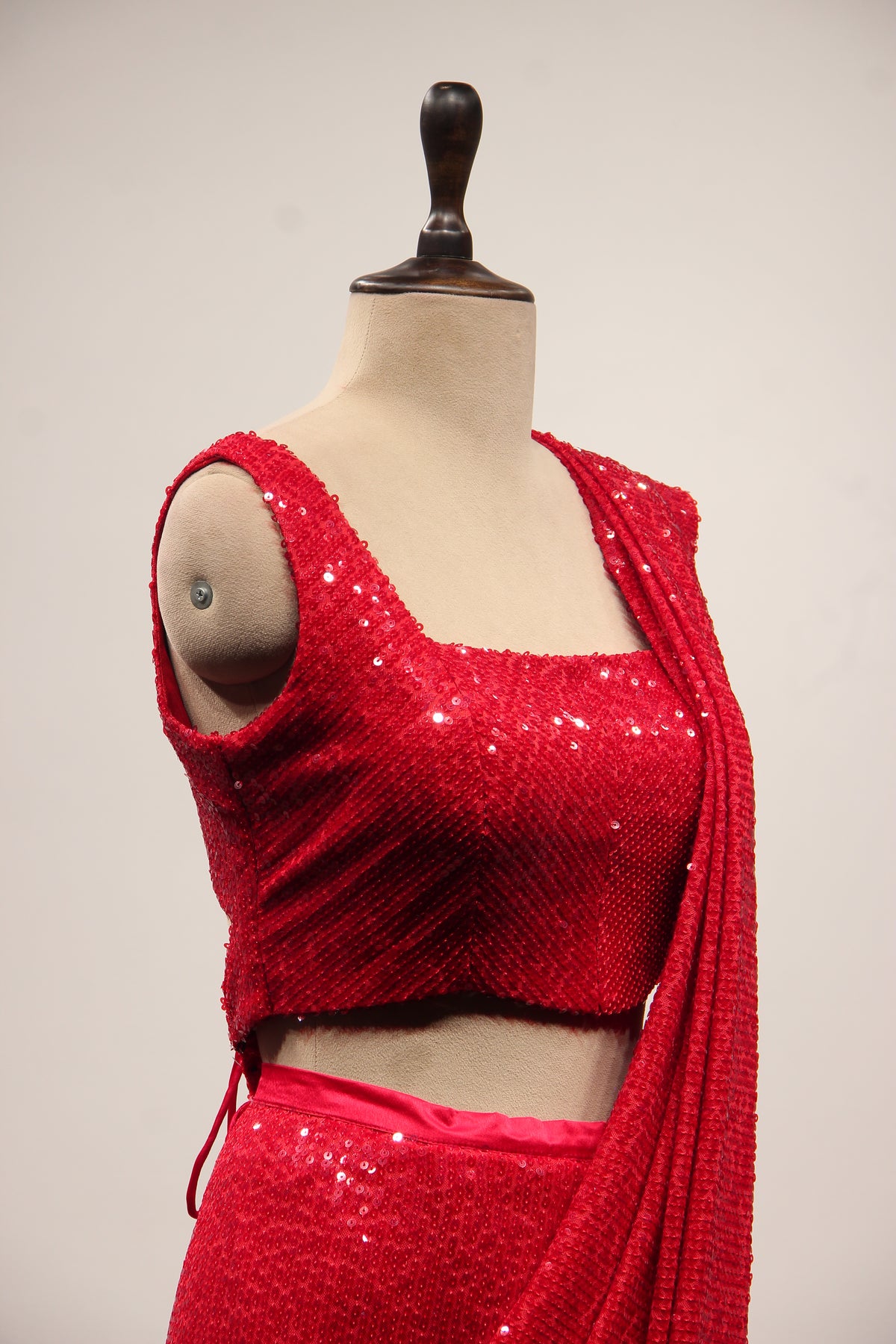 Red Imported Ready-to-Wear Drape Saree with Shimmering Sequin Handwork – other side close-up