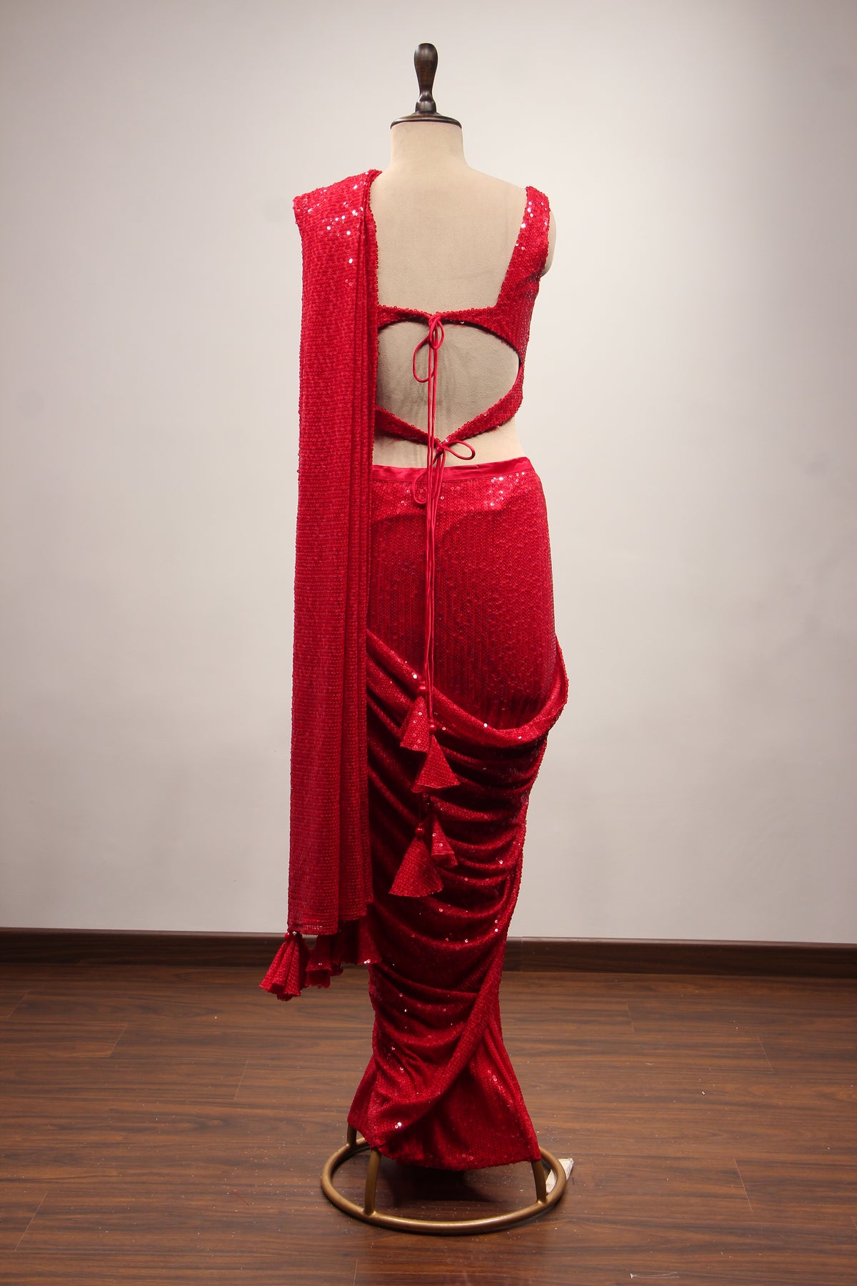 Red Imported Ready-to-Wear Drape Saree with Shimmering Sequin Handwork – back view