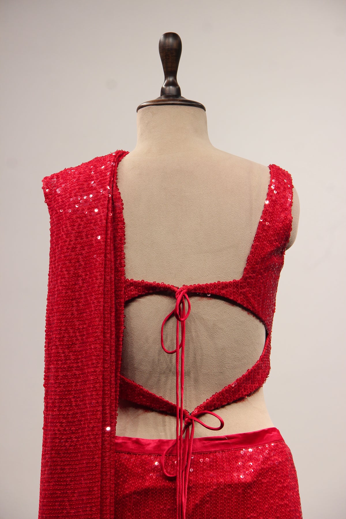 Red Imported Ready-to-Wear Drape Saree with Shimmering Sequin Handwork – back close-up