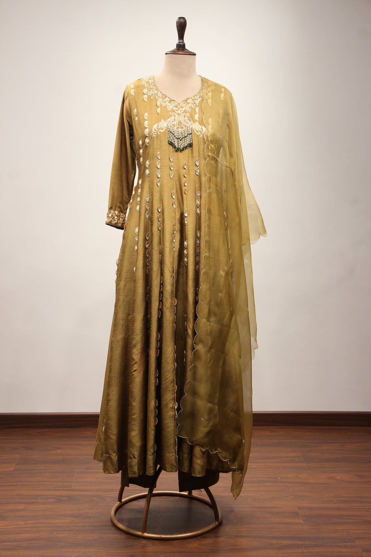 Dupion Anarkali Pant Suit with Hand Embroidery & Gota Patti Handwork in Green – front view