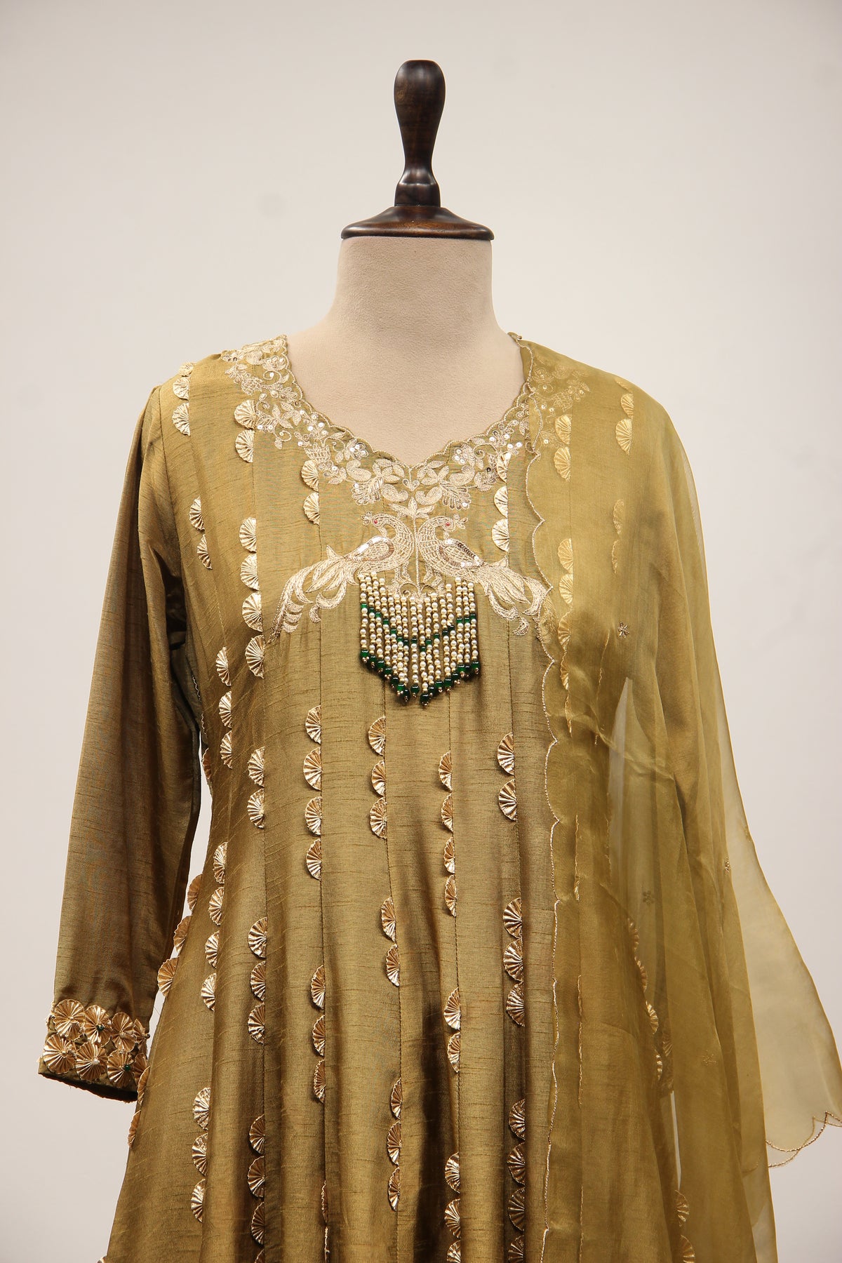 Dupion Anarkali Pant Suit with Hand Embroidery & Gota Patti Handwork in Green – front close-up