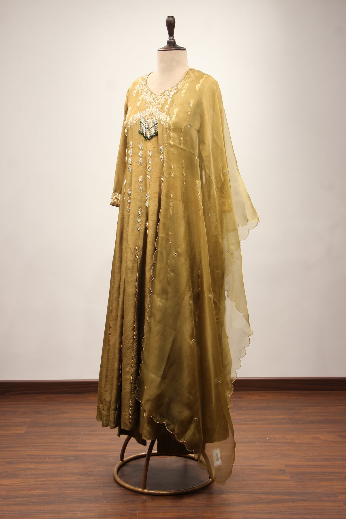 Dupion Anarkali Pant Suit with Hand Embroidery & Gota Patti Handwork in Green – side view