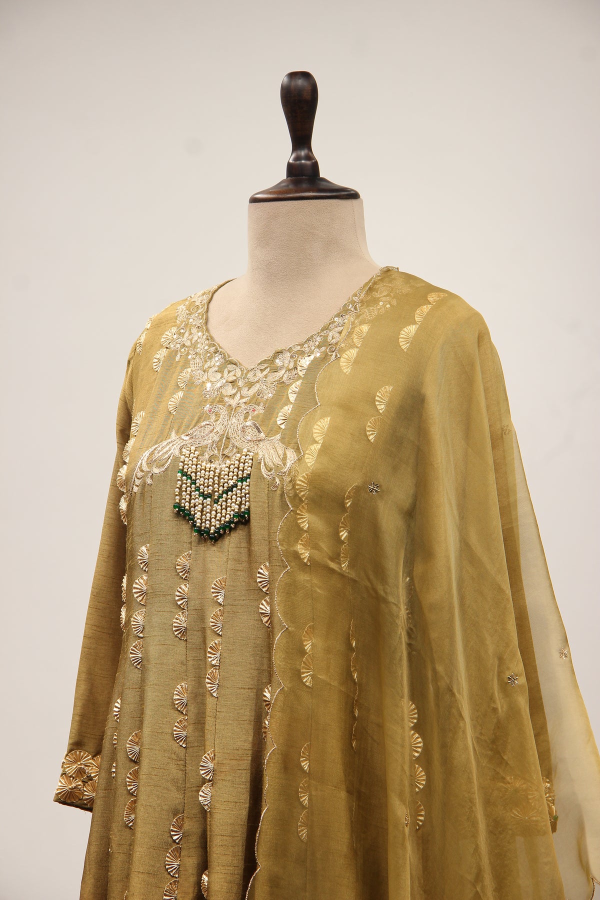 Dupion Anarkali Pant Suit with Hand Embroidery & Gota Patti Handwork in Green – side close-up
