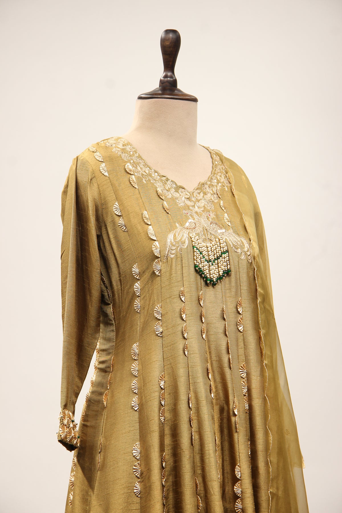Dupion Anarkali Pant Suit with Hand Embroidery & Gota Patti Handwork in Green – other side close-up