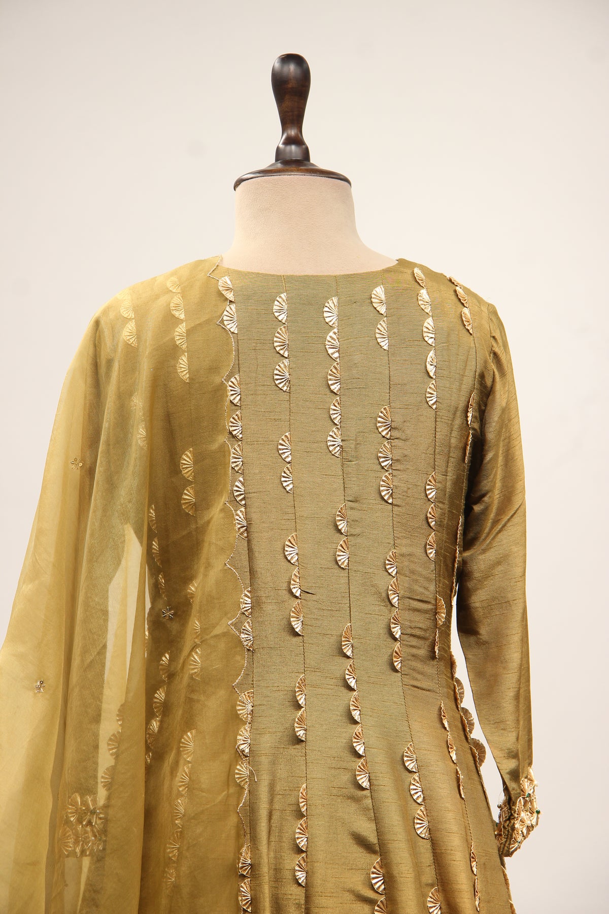 Dupion Anarkali Pant Suit with Hand Embroidery & Gota Patti Handwork in Green – back close-up