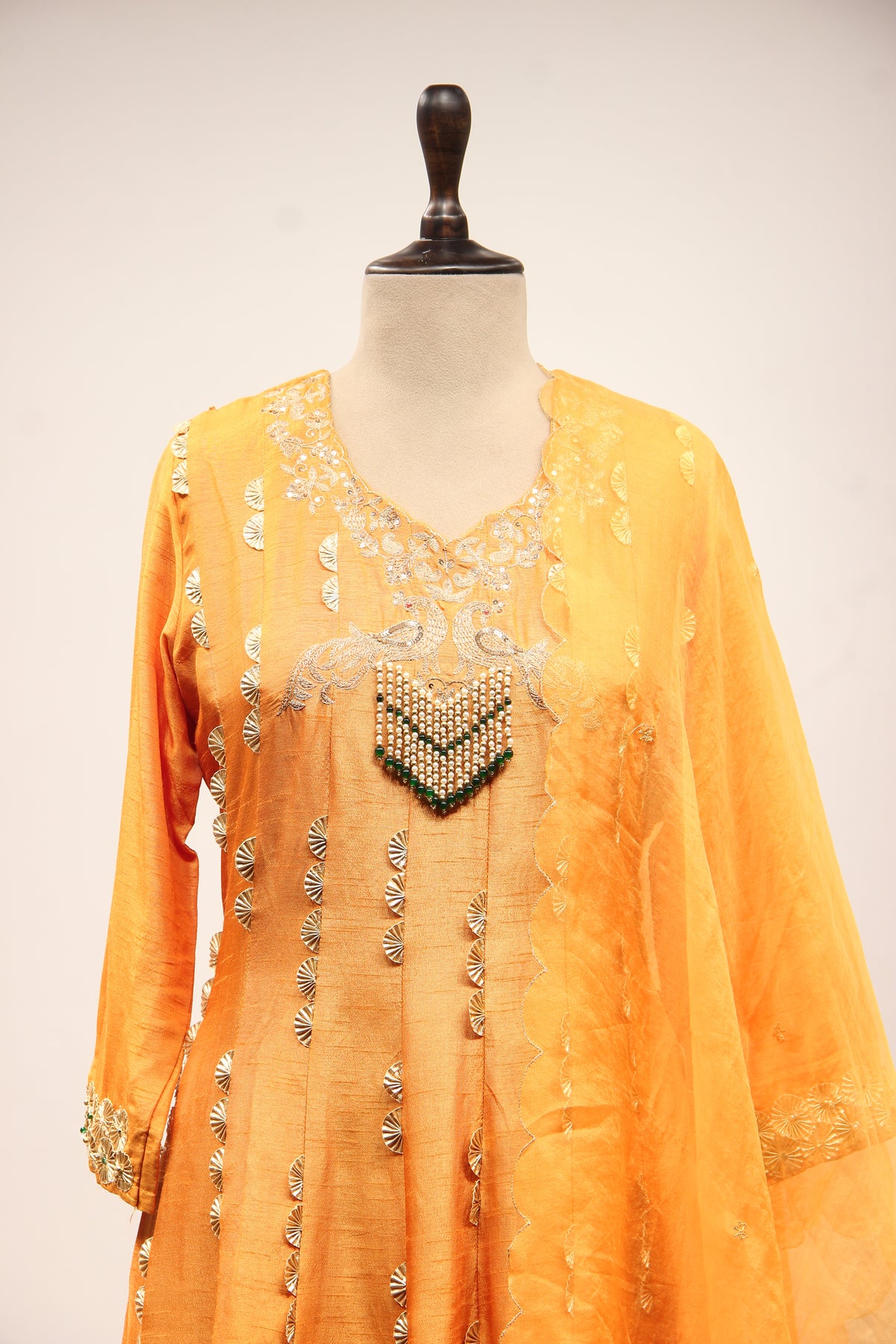 Dupion Anarkali Pant Suit with Hand Embroidery & Gota Patti Handwork in Yellow – front close-up