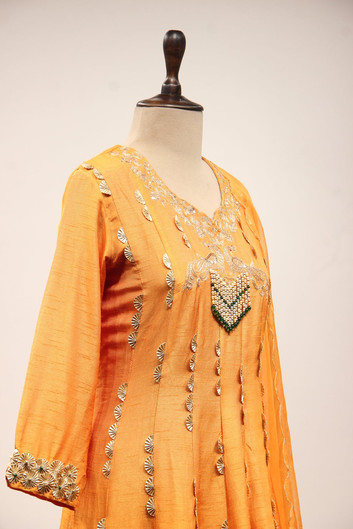 Dupion Anarkali Pant Suit with Hand Embroidery & Gota Patti Handwork in Yellow – other side close-up