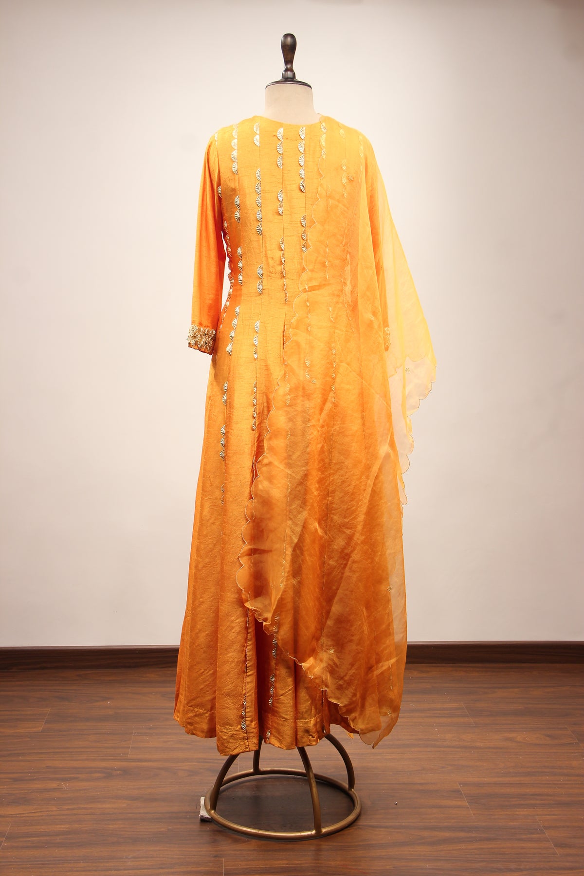Dupion Anarkali Pant Suit with Hand Embroidery & Gota Patti Handwork in Yellow – back view