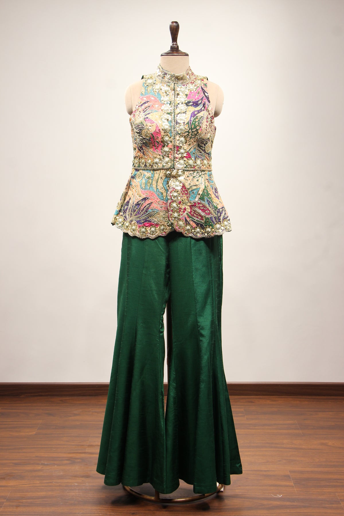 Green Dupion Indo Western Peplum Pant Set in Printed & Hand Embroidery – front view