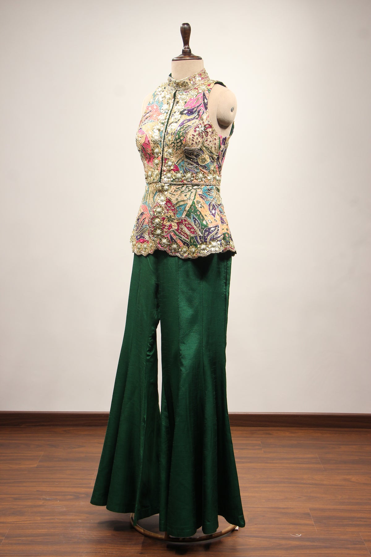 Green Dupion Indo Western Peplum Pant Set in Printed & Hand Embroidery – side view