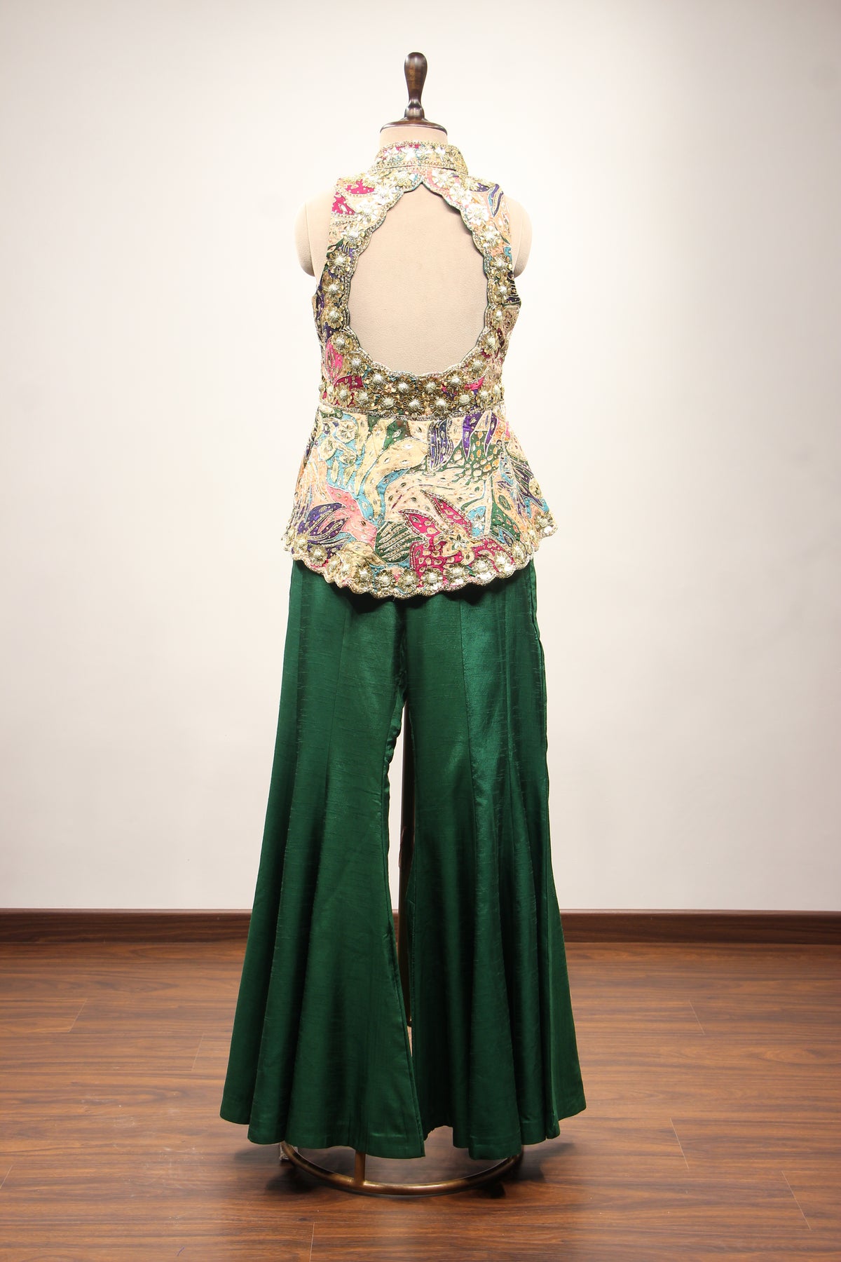Green Dupion Indo Western Peplum Pant Set in Printed & Hand Embroidery – back view