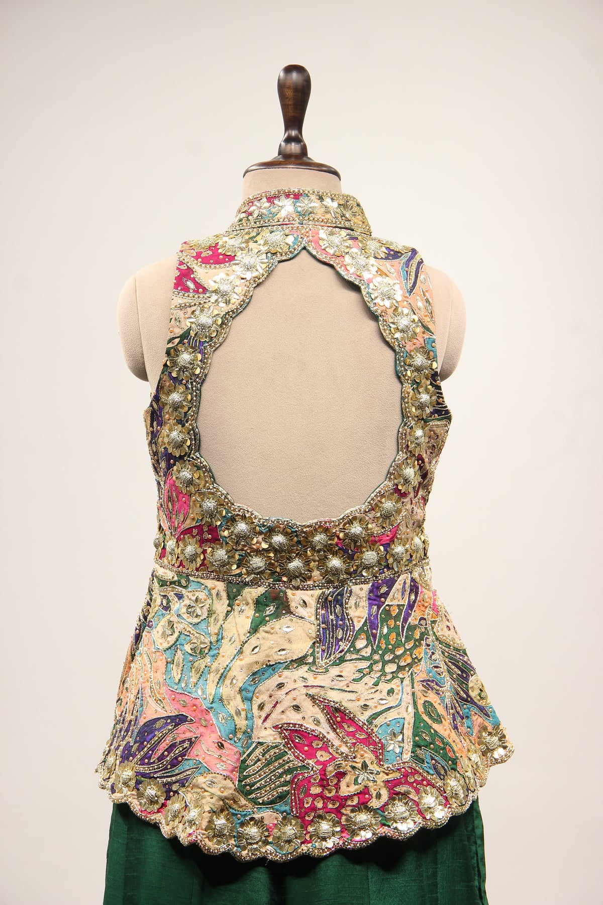 Green Dupion Indo Western Peplum Pant Set in Printed & Hand Embroidery – back close-up