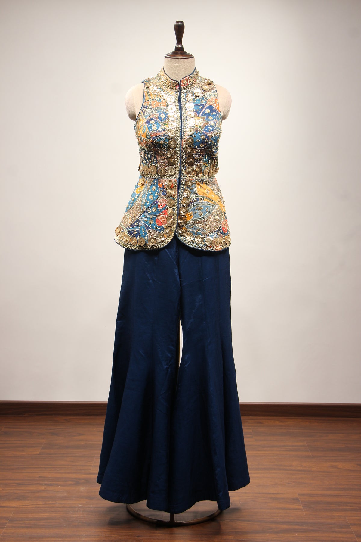 Navy Blue Dupion Halter Indo Western with Printed & Hand Embroidery – front view