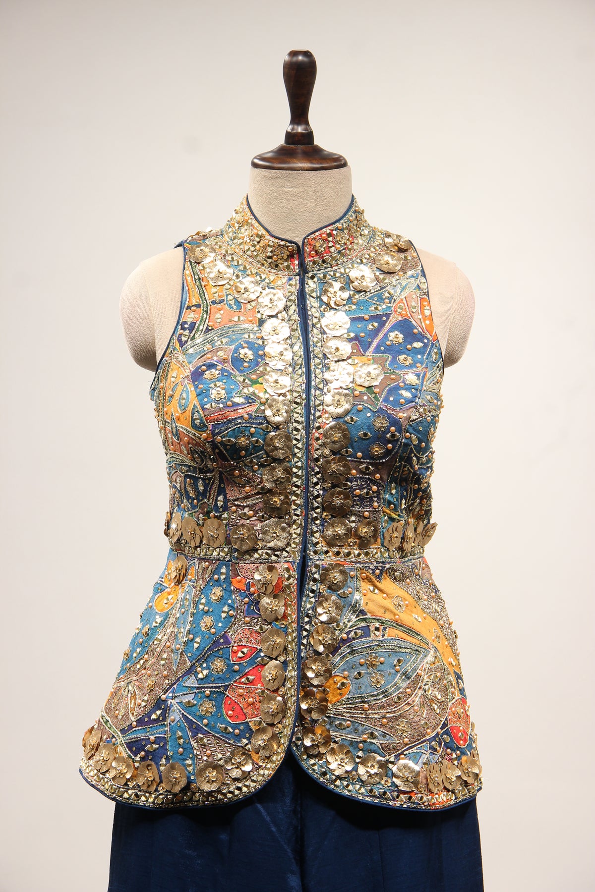Navy Blue Dupion Halter Indo Western with Printed & Hand Embroidery – front close-up