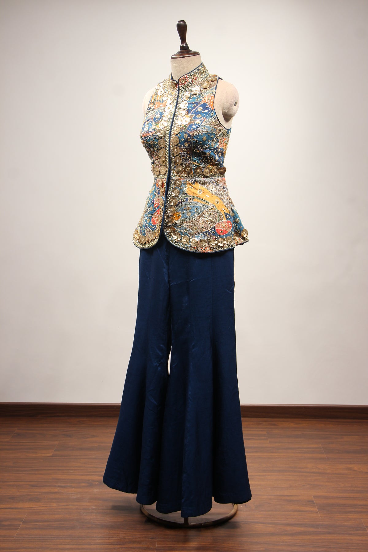 Navy Blue Dupion Halter Indo Western with Printed & Hand Embroidery – side view