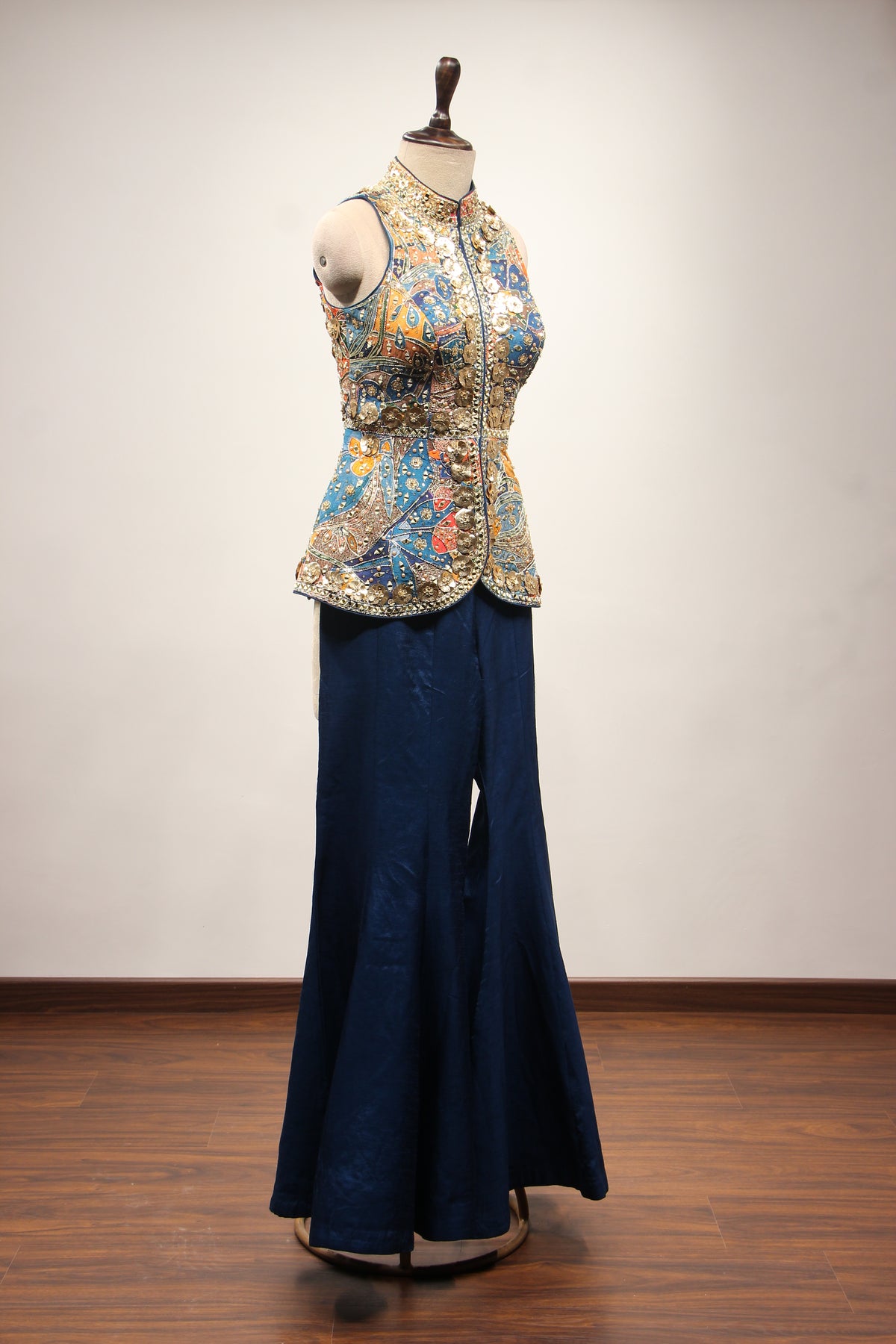 Navy Blue Dupion Halter Indo Western with Printed & Hand Embroidery – other side view