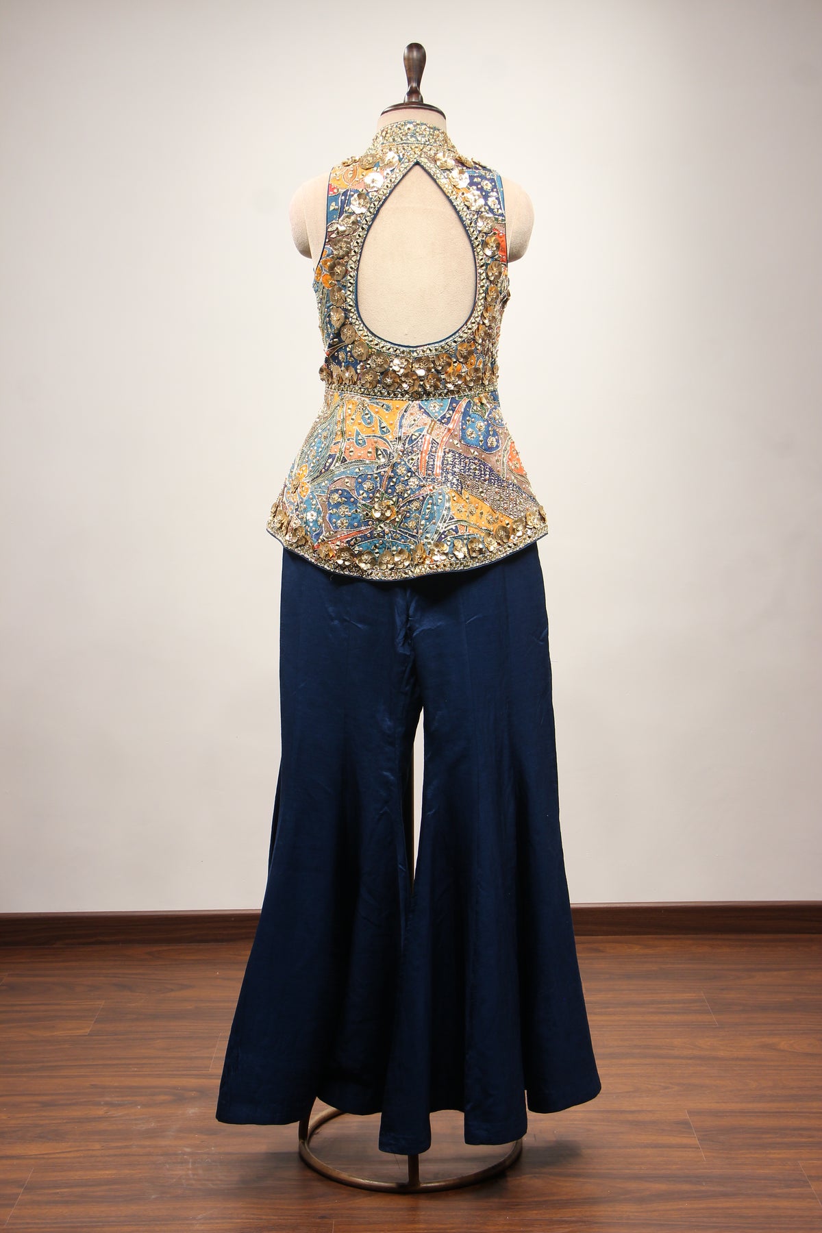 Navy Blue Dupion Halter Indo Western with Printed & Hand Embroidery – back view