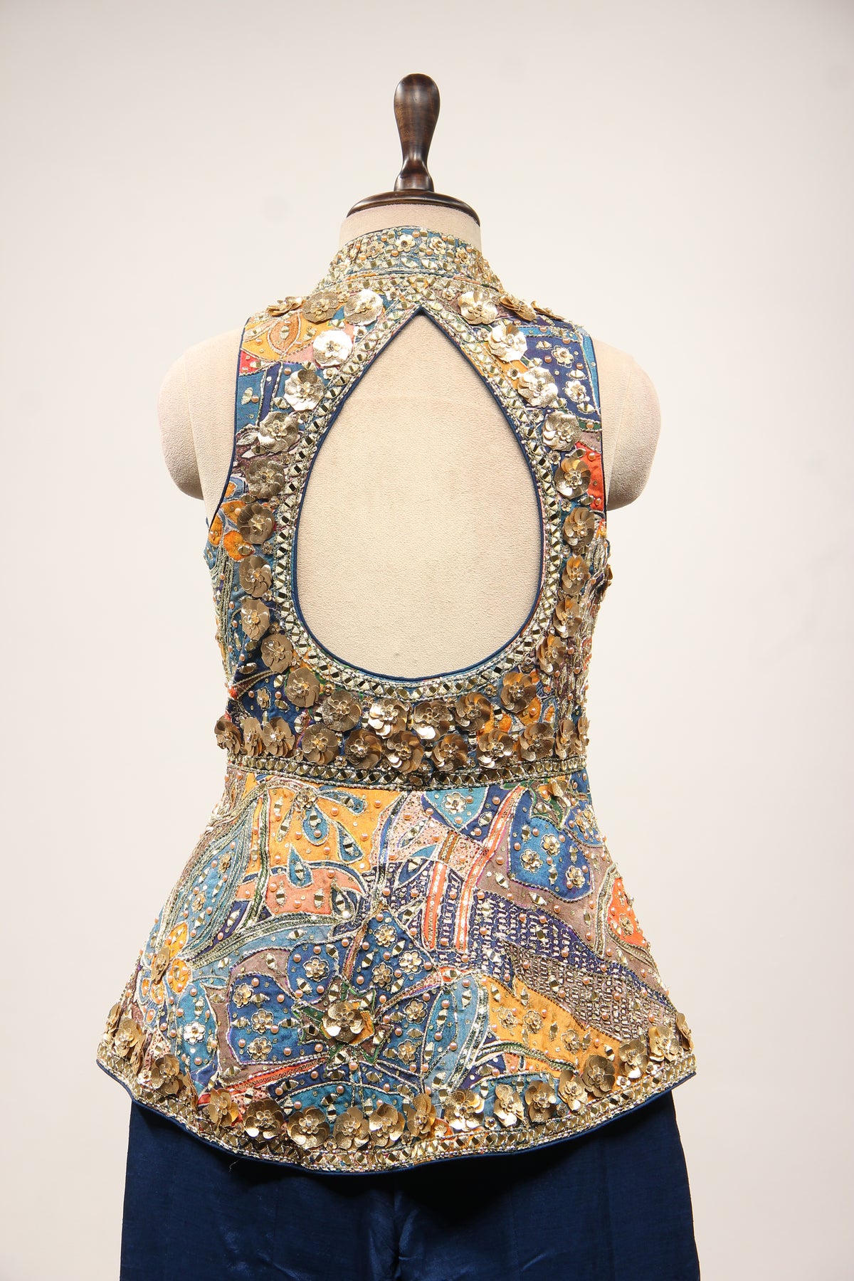 Navy Blue Dupion Halter Indo Western with Printed & Hand Embroidery – back close-up