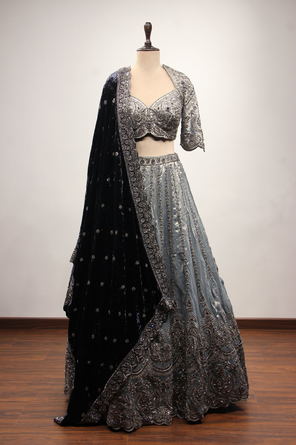 Grey Tissue Lehenga with Cut Dana & Sequin Handwork Scalloped Crop Top – front view