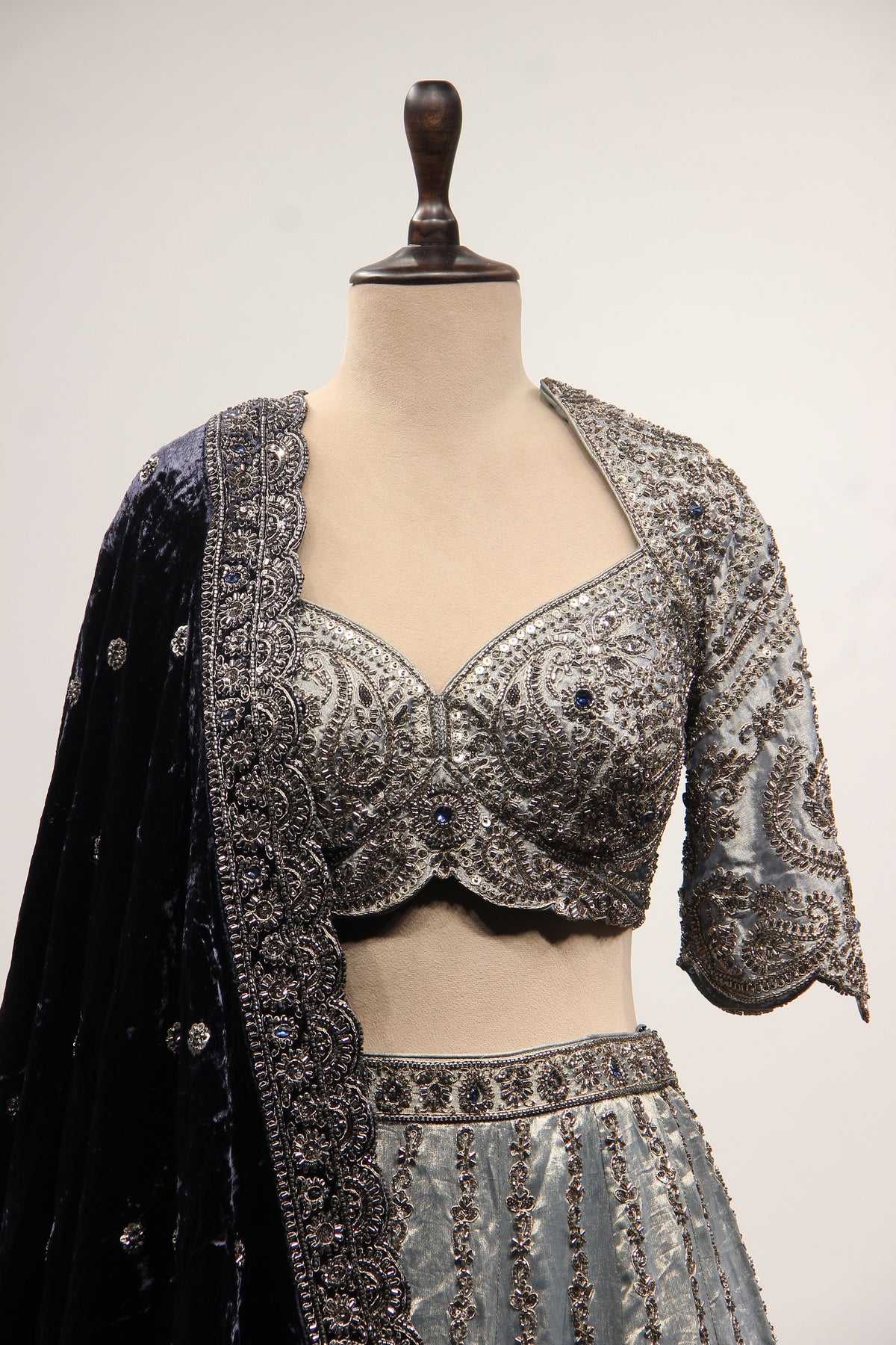 Grey Tissue Lehenga with Cut Dana & Sequin Handwork Scalloped Crop Top – front close-up
