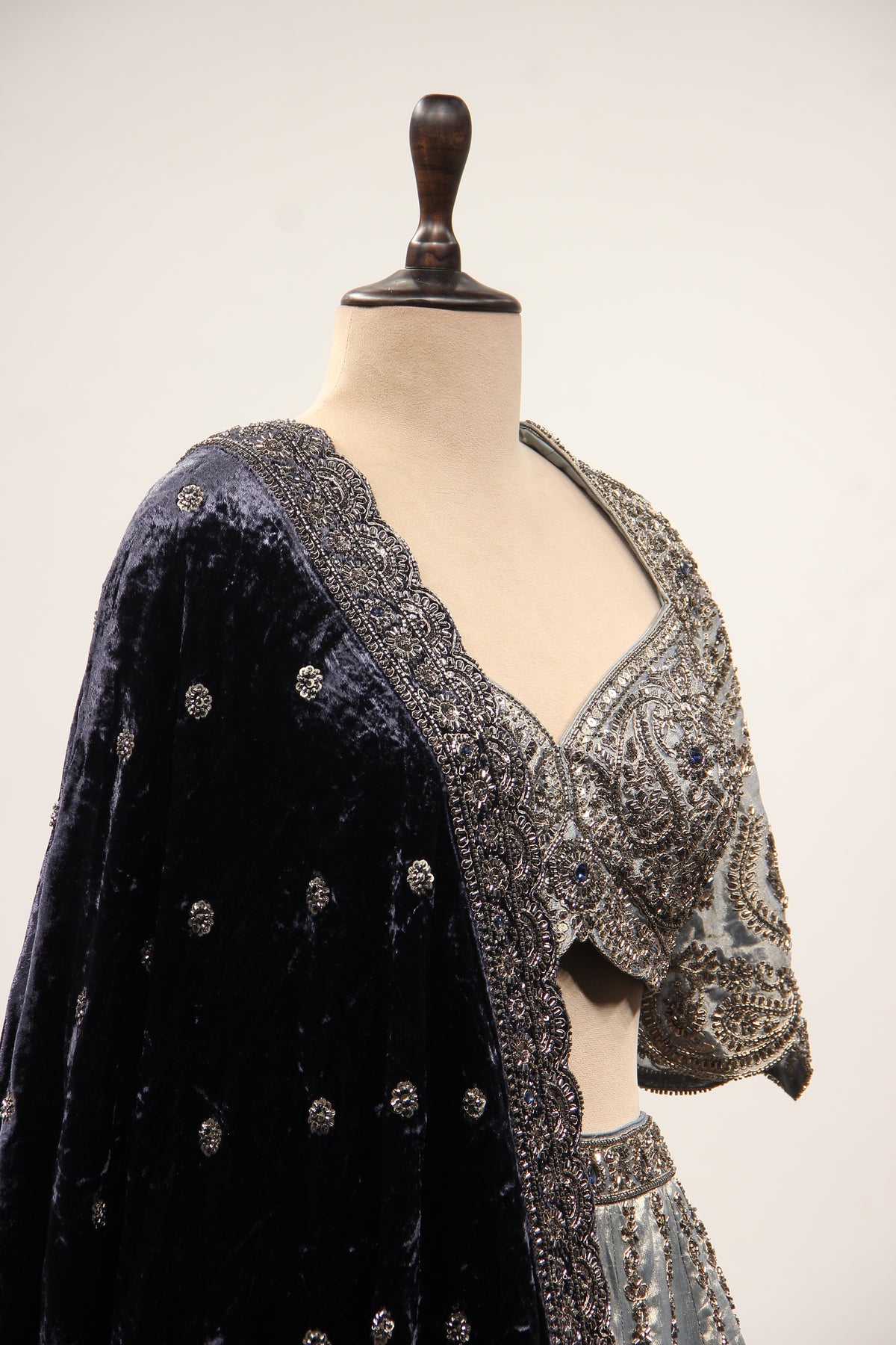 Grey Tissue Lehenga with Cut Dana & Sequin Handwork Scalloped Crop Top – other side close-up