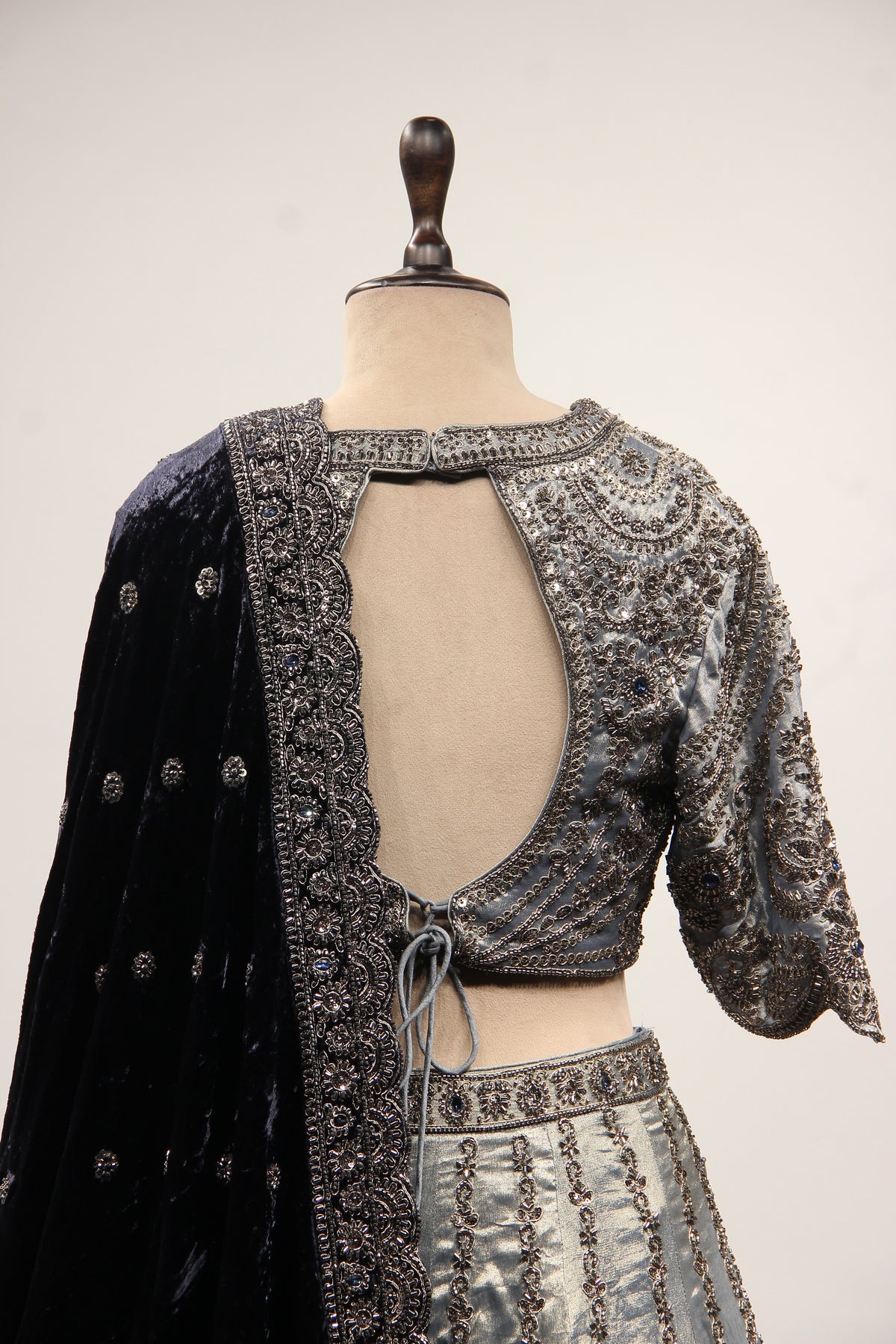 Grey Tissue Lehenga with Cut Dana & Sequin Handwork Scalloped Crop Top – back close-up
