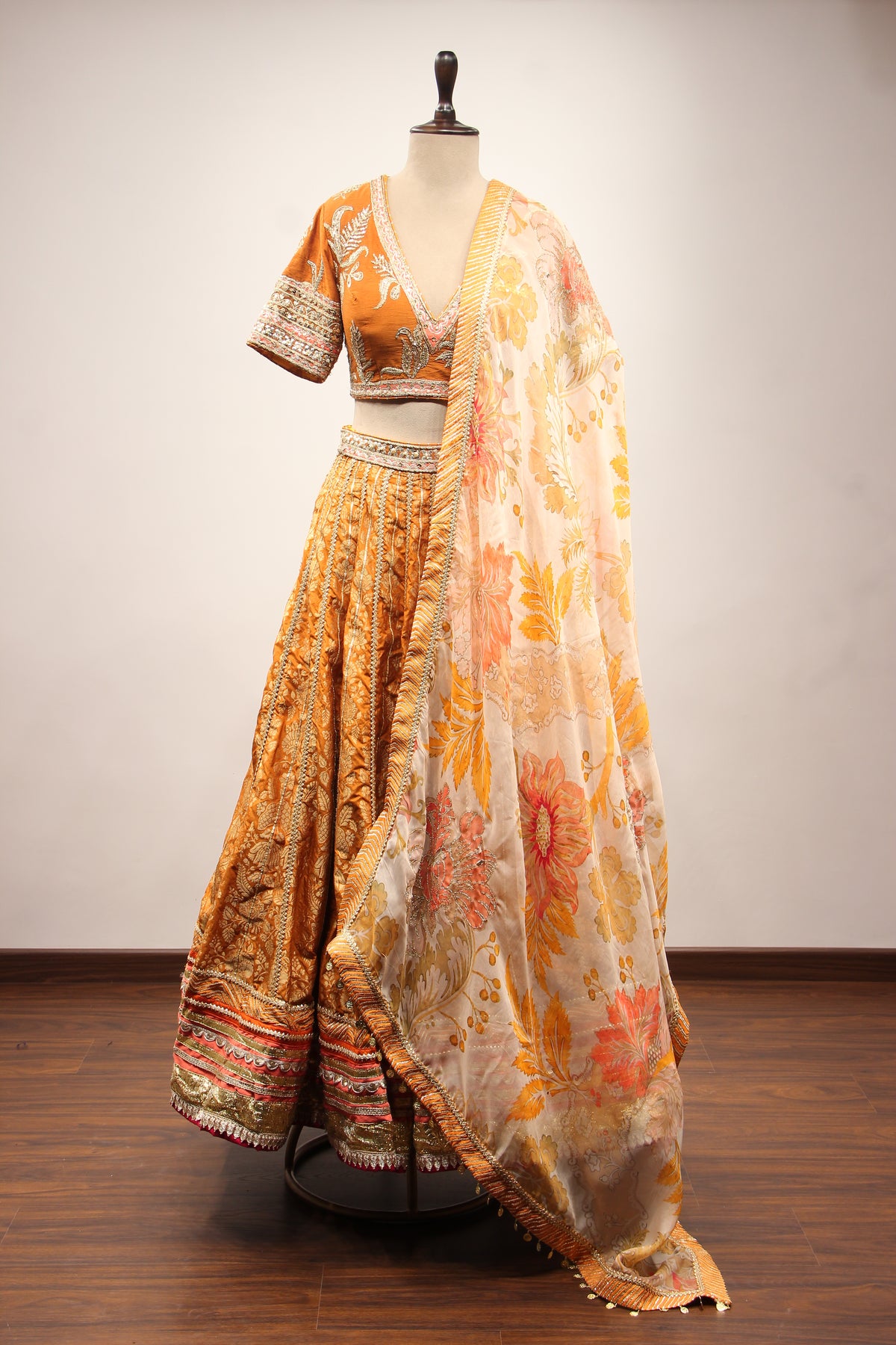 Rust Banarasi Brocade Crop Top Lehenga with Gota Patti & Zari Handwork – front view