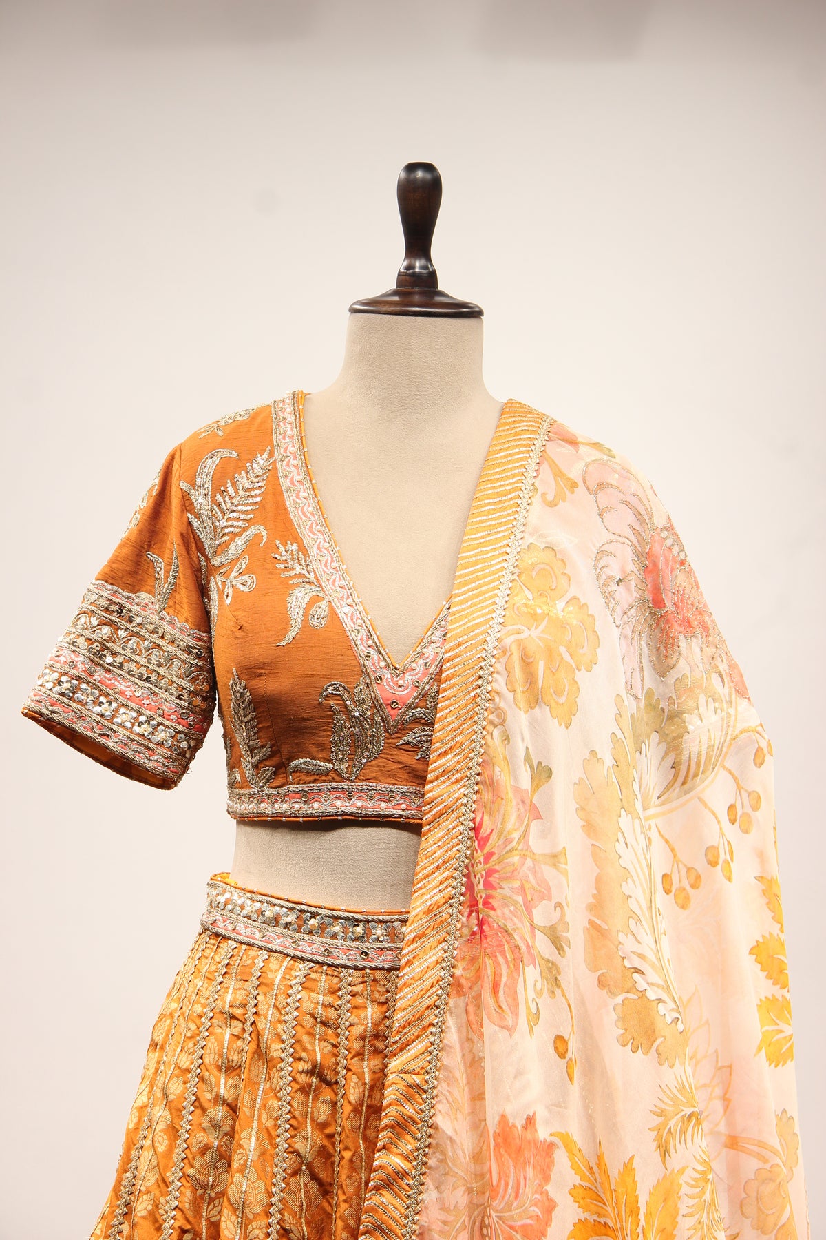 Rust Banarasi Brocade Crop Top Lehenga with Gota Patti & Zari Handwork – front close-up
