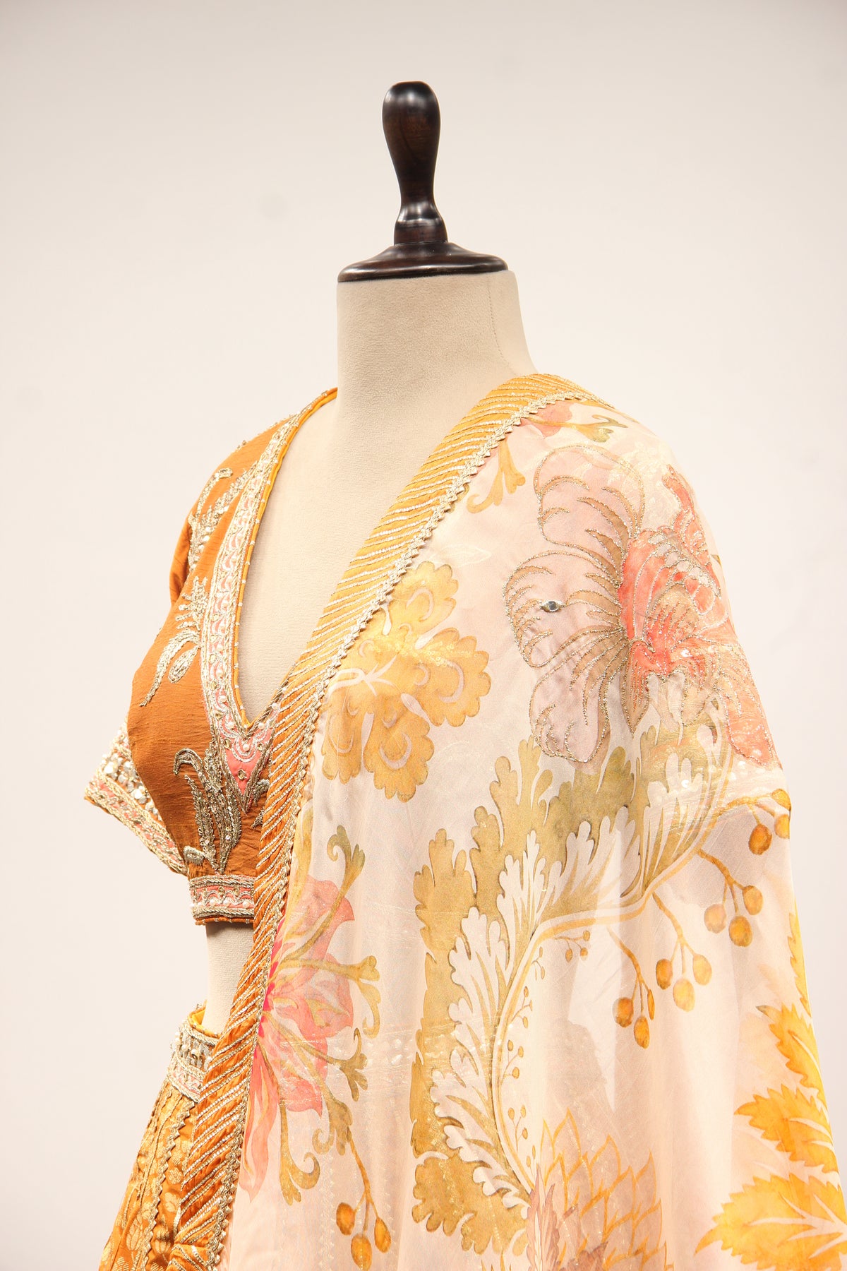 Rust Banarasi Brocade Crop Top Lehenga with Gota Patti & Zari Handwork – side close-up