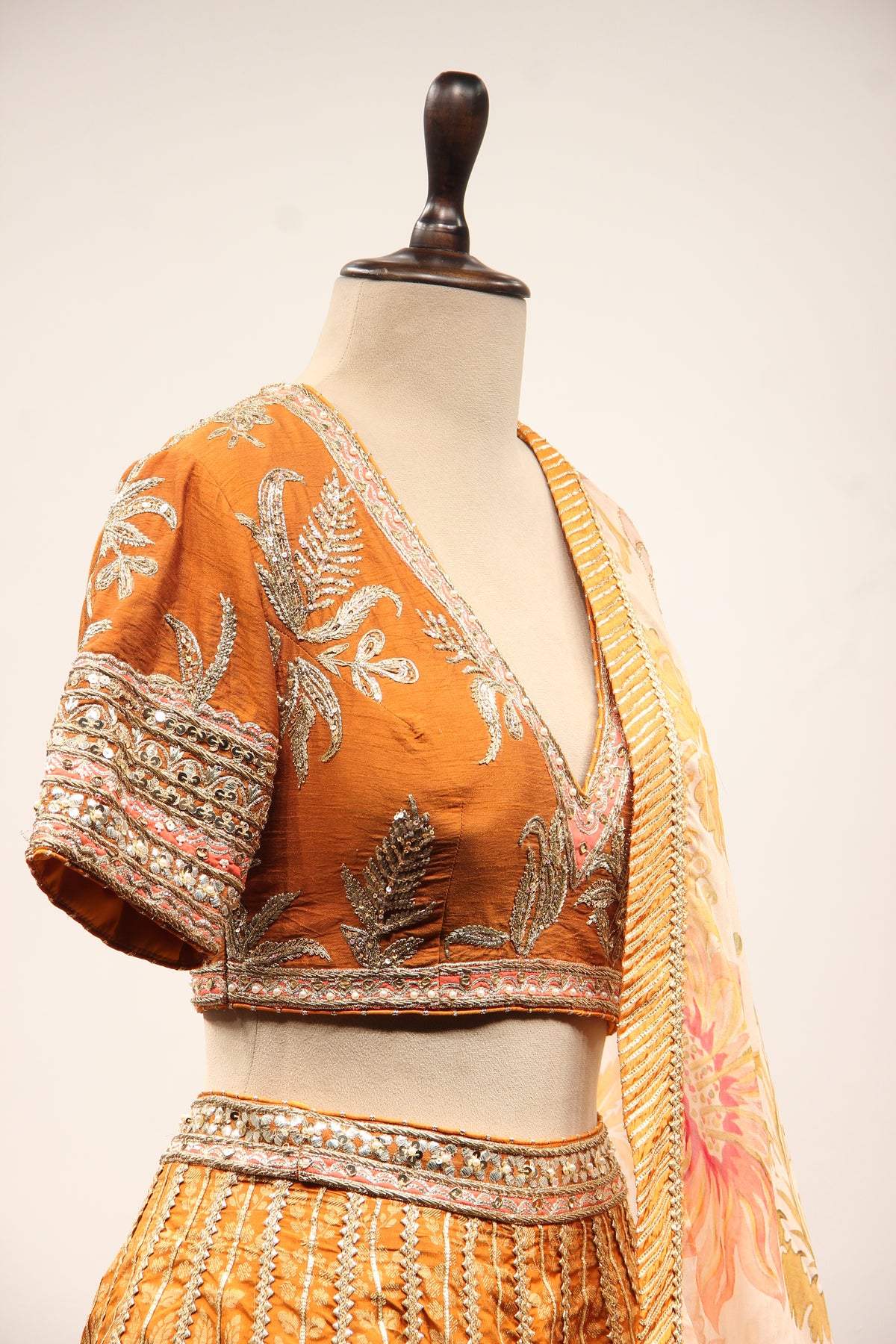 Rust Banarasi Brocade Crop Top Lehenga with Gota Patti & Zari Handwork – other side close-up