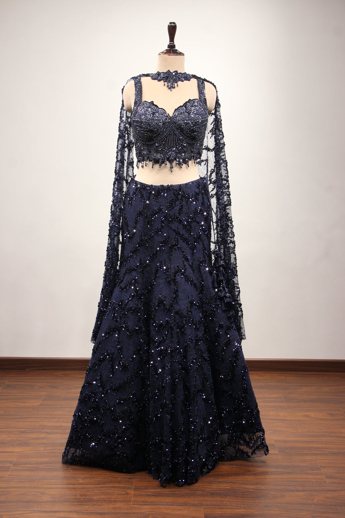 Navy Blue Imported Fish Cut Lehenga with Cut Dana & Bead Handwork – front view