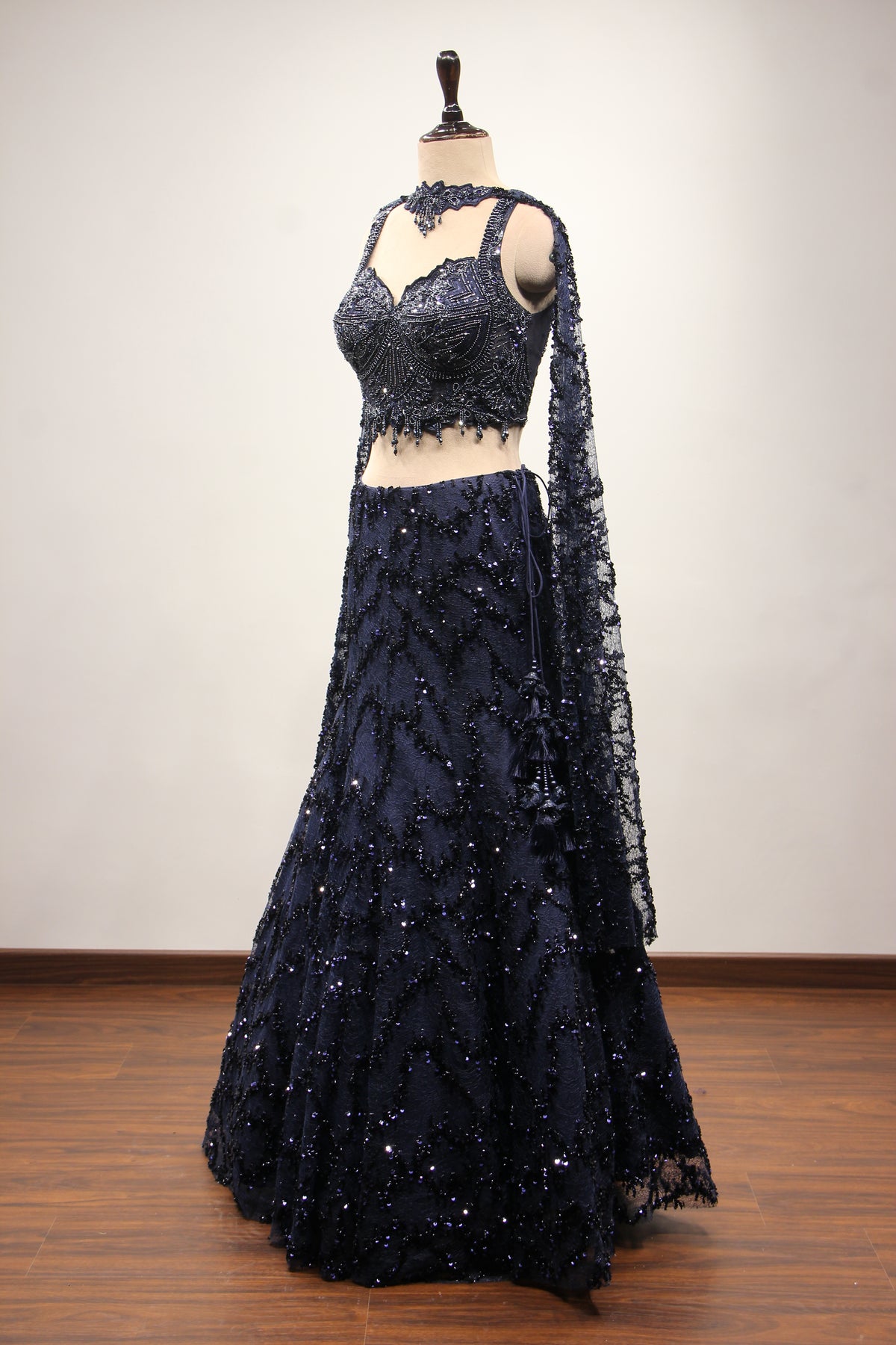 Navy Blue Imported Fish Cut Lehenga with Cut Dana & Bead Handwork – side view