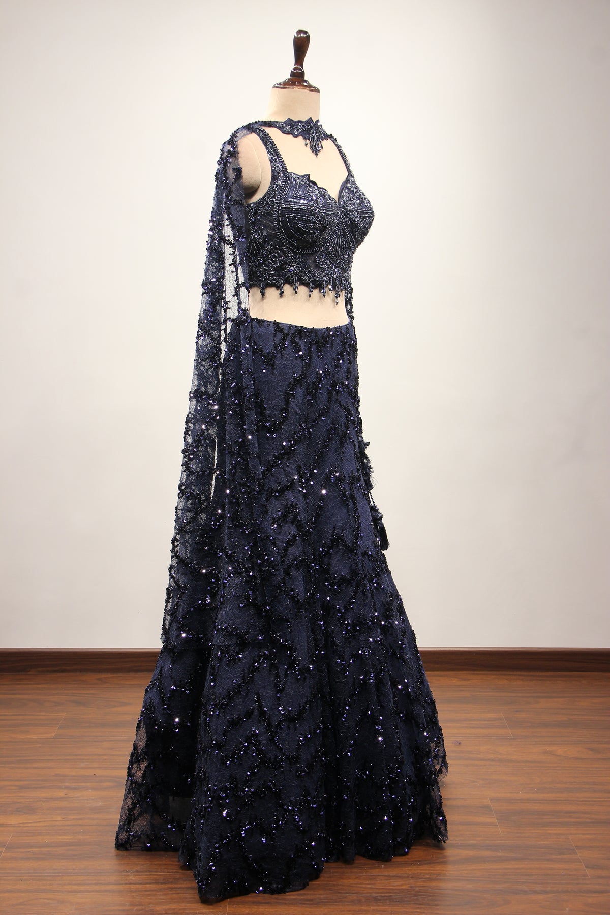 Navy Blue Imported Fish Cut Lehenga with Cut Dana & Bead Handwork – other side view