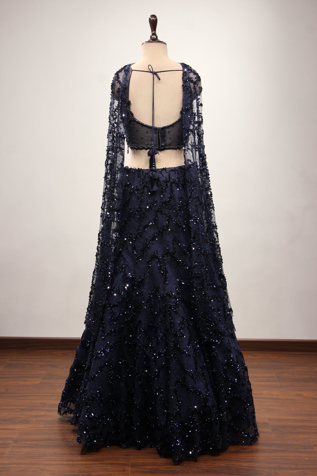 Navy Blue Imported Fish Cut Lehenga with Cut Dana & Bead Handwork – back view