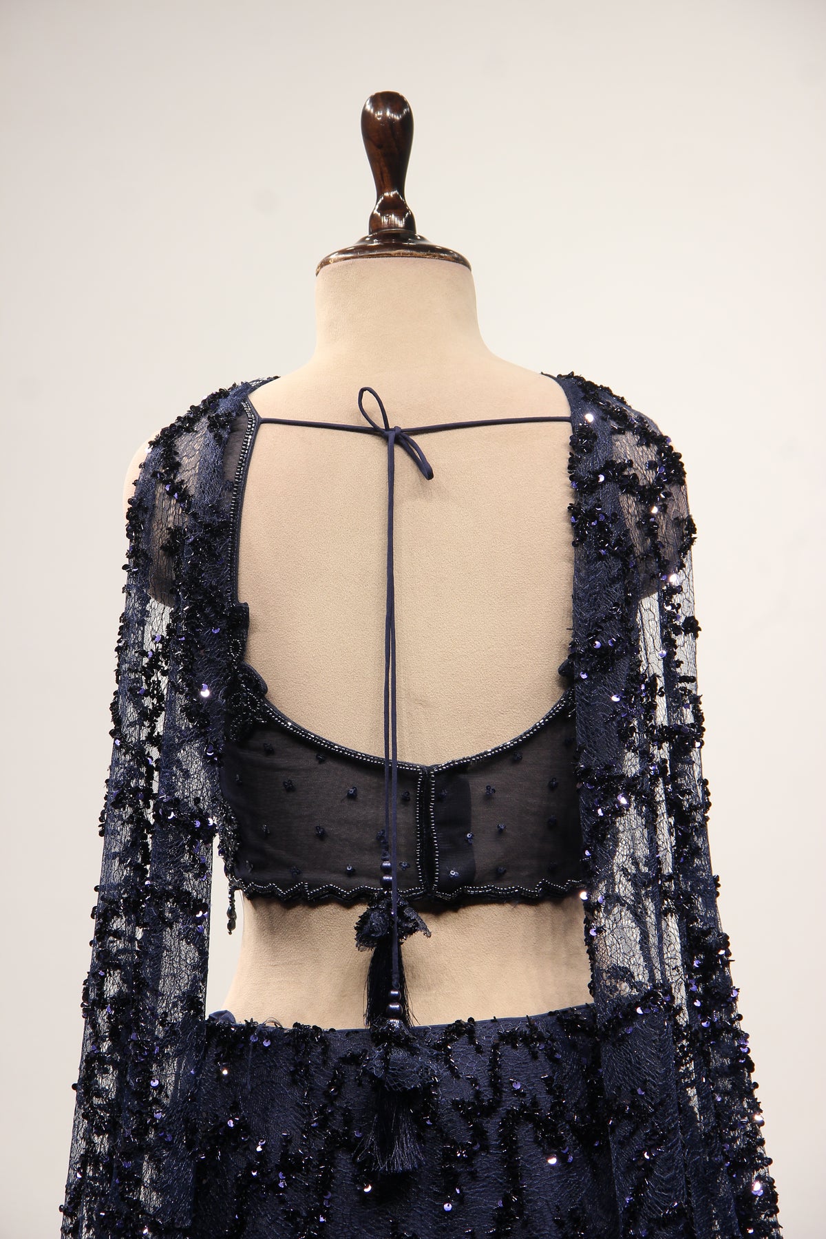 Navy Blue Imported Fish Cut Lehenga with Cut Dana & Bead Handwork – back close-up