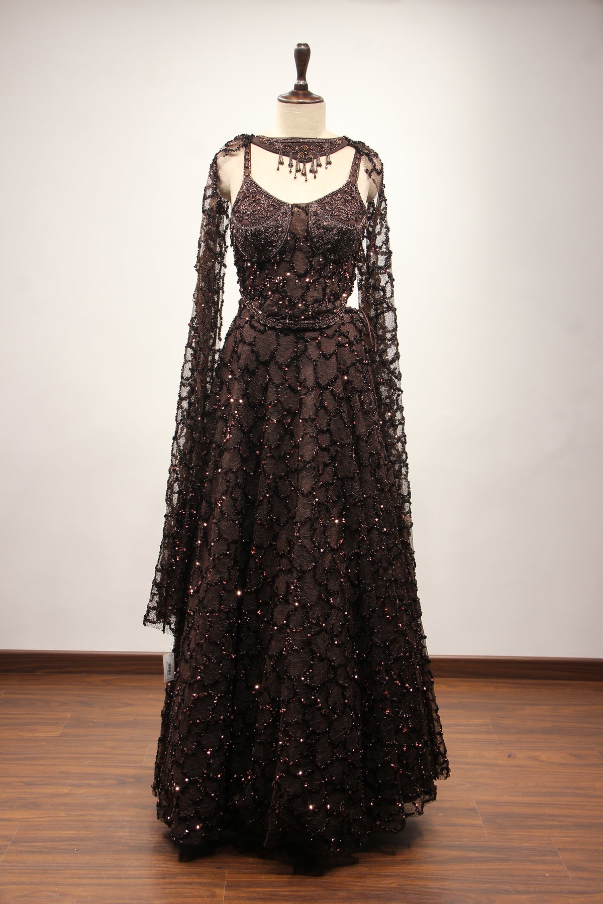 Brown Imported Net Corset Lehenga with Sequin & Cut Dana Handwork – front view
