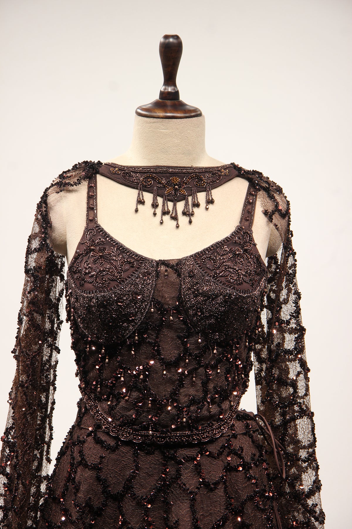 Brown Imported Net Corset Lehenga with Sequin & Cut Dana Handwork – front close-up
