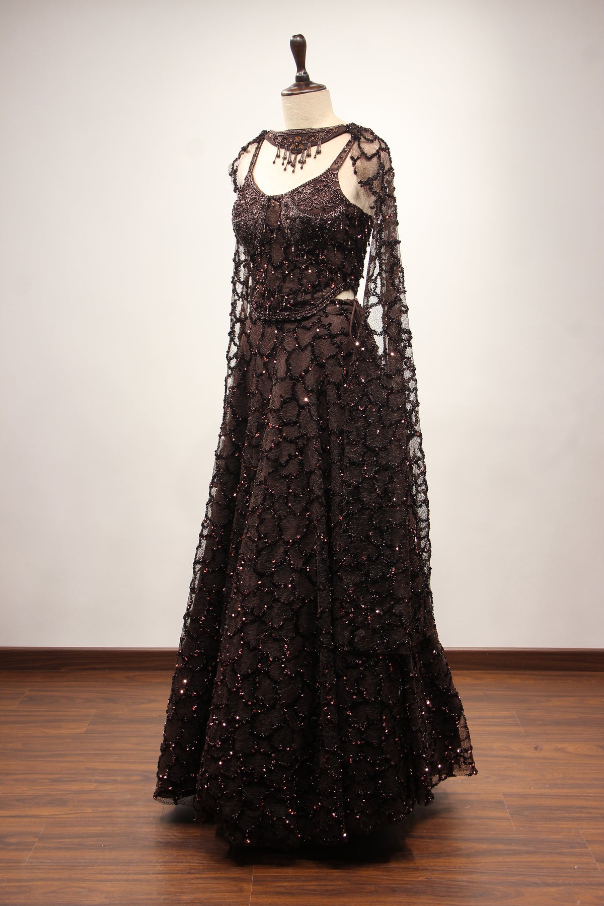 Brown Imported Net Corset Lehenga with Sequin & Cut Dana Handwork – side view