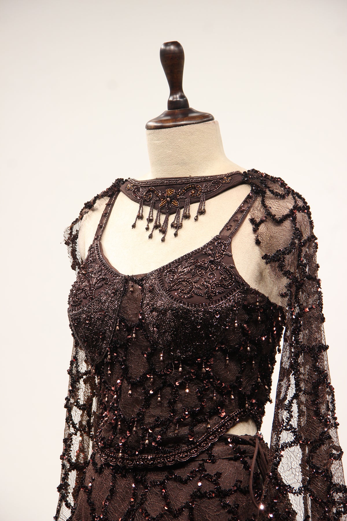 Brown Imported Net Corset Lehenga with Sequin & Cut Dana Handwork – side close-up